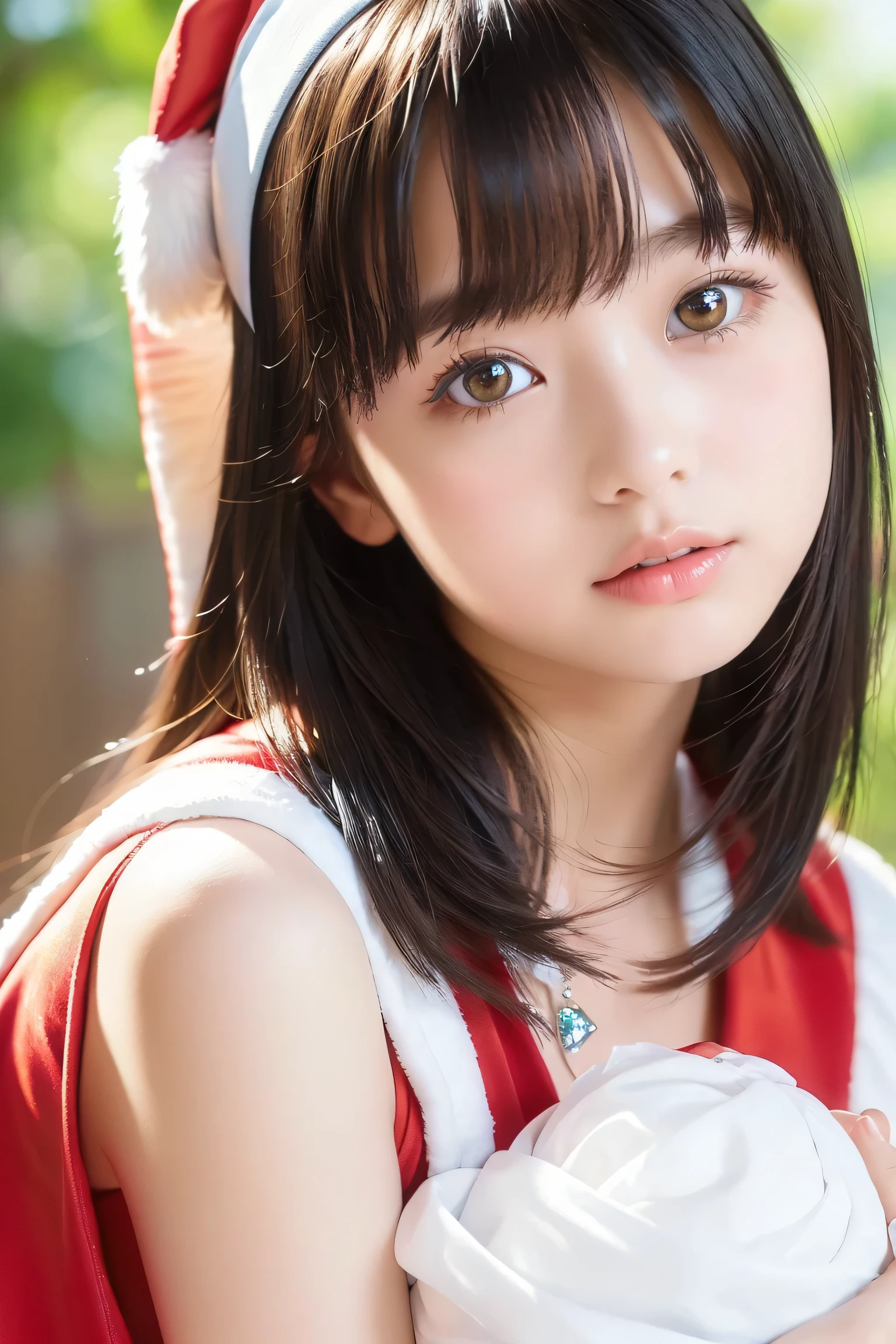 live shooting using the reflex version 、(((A portrait of ultimate beauty)))、(( Hydrated Glowing Skin ))、(close-up of a cute face)、a 15 year old girl with a beautiful baby face 、My bangs are down、 bright expression 、((shimmering black hair ))、(( big eyes shining like jewels seen through the camera、brown eyes:1.6))、slightly sparse hair tips、watching viewers、looking at camera、shiny white skin、( straight black hair )、 EYELINER、 beautiful bangs、(( masterpiece、最 High Quality、 very detailedな、High Fine、 very detailed))、The background is inside a big church、DSLR 、Soft Light、 High Quality、has a shallow depth of field、 natural light、、((Full Body))、((red Santa Claus outfit))、transitioning to a lush green space with a red headband、