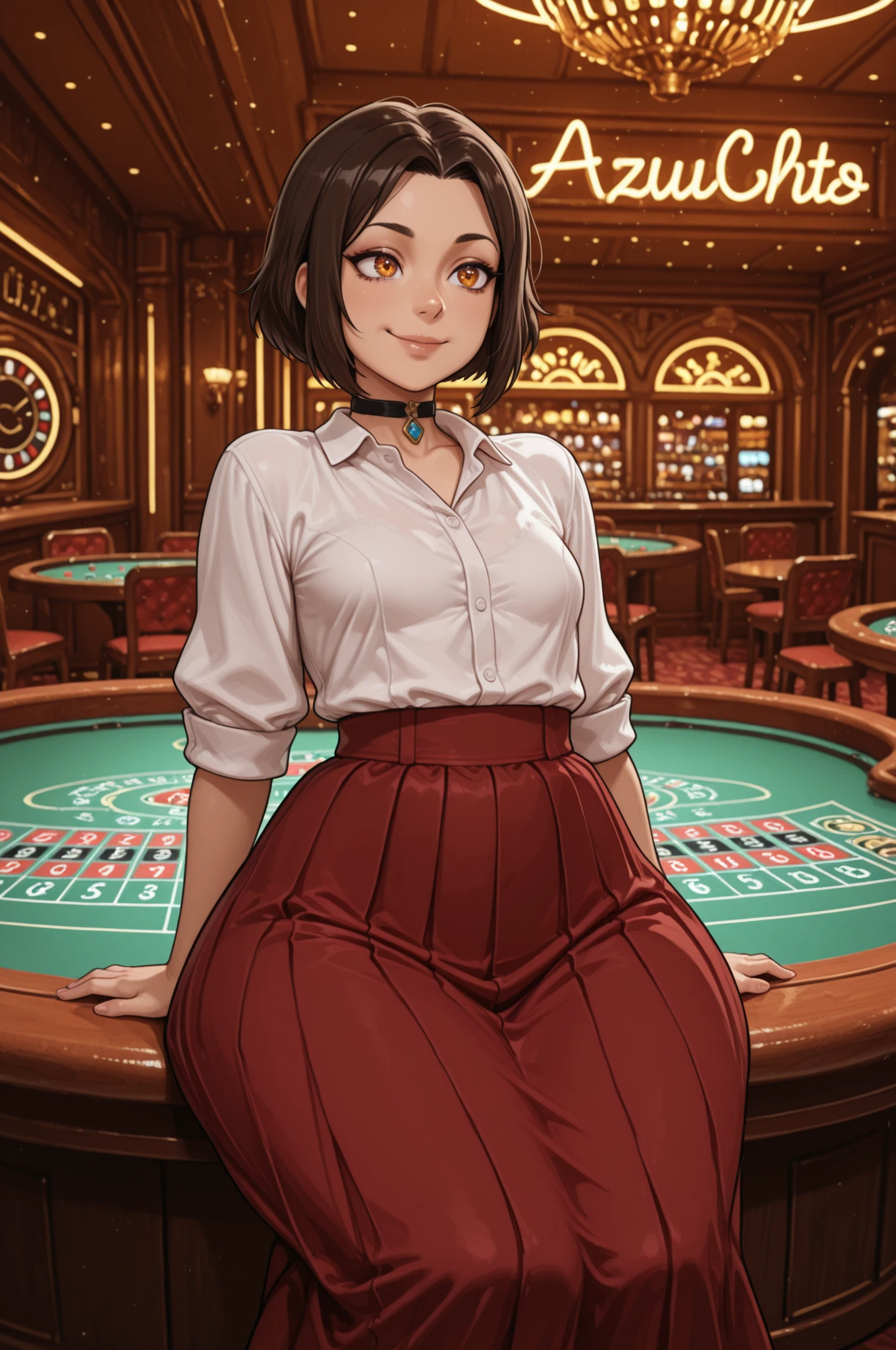 Azula , amber eyes . wavy dark brown hair strands above her shoulders. short hair. small breasts. huge hips. choker. | Masterpiece, newest, perfect quality, best quality, 1girl, solo, smile, starry eyes, sitting, behind table, roulette table, cowboy shot, indoors,neon lights, c4s1n0, casino, shirt with rolled-up sleeves, long skirt, puffy skirt, sneakers