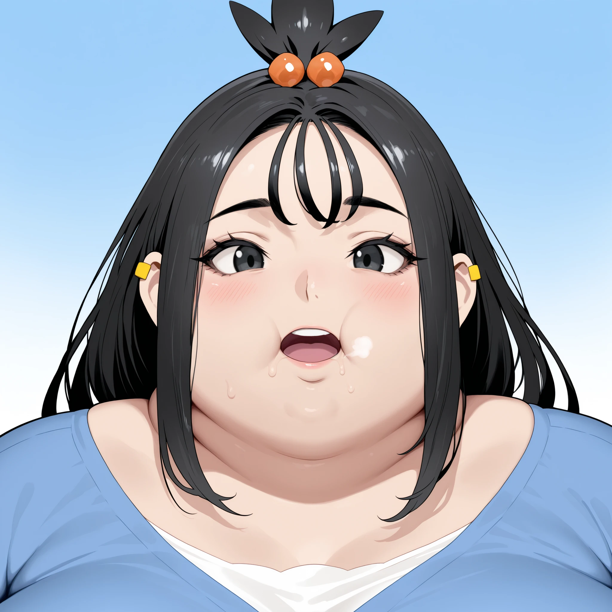 zalida, lida \(pokemon\), aged up, black hair, black eyes, long hair, bangs, sidelocks, topknot, hair bobbles, ear piercing, masterpiece,best quality,amazing quality,bulging belly, fat, chubby, obese, open mouth, out of breath, absurdres, portrait, pov belly, straight-on, from side, swollen face, masterpiece, best quality, ultra-detailed, high resolution, 8K, fat face, wide face, 