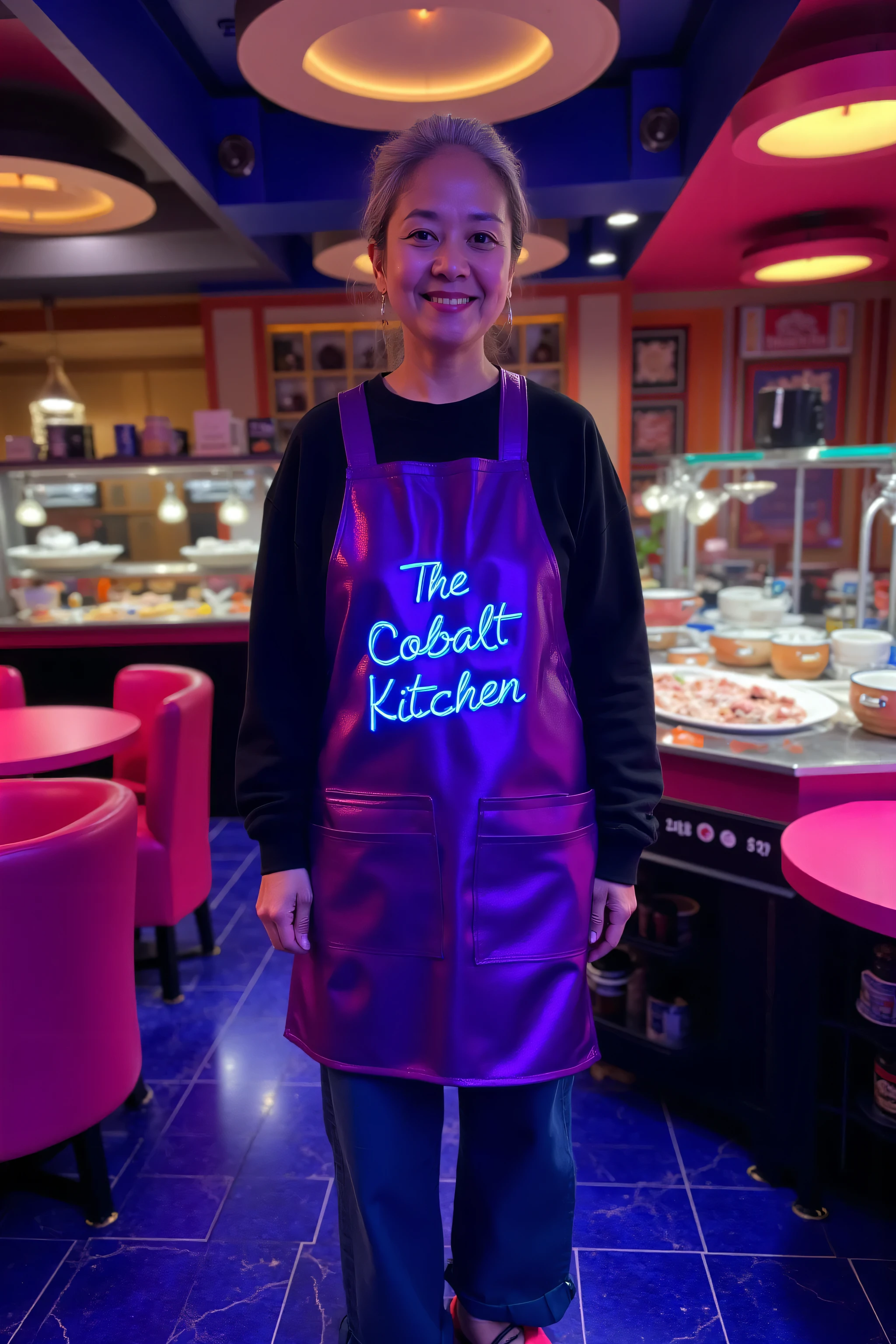 a woman wearing an Oaxacaapron made of shiny purple nylon with glowing blue text "The Cobalt Kitchen" standing inside of a futuristic modern restaurant, the tables are octagonal and pink, the ceiling is cobalt blue, the floor is cobalt blue and black marble tiles, the walls are black onyx, the lighting is soft yellow hue from circular lamp openings in the ceiling, the lighting is hidden by grates, the restaurant has a buffet of steamy fish and meats with soup pots in the buffet, the woman is elderly asian and wears blue and pink pants, the woman is wearing a black long sleeve sweatshirt, the woman is standing near the buffet