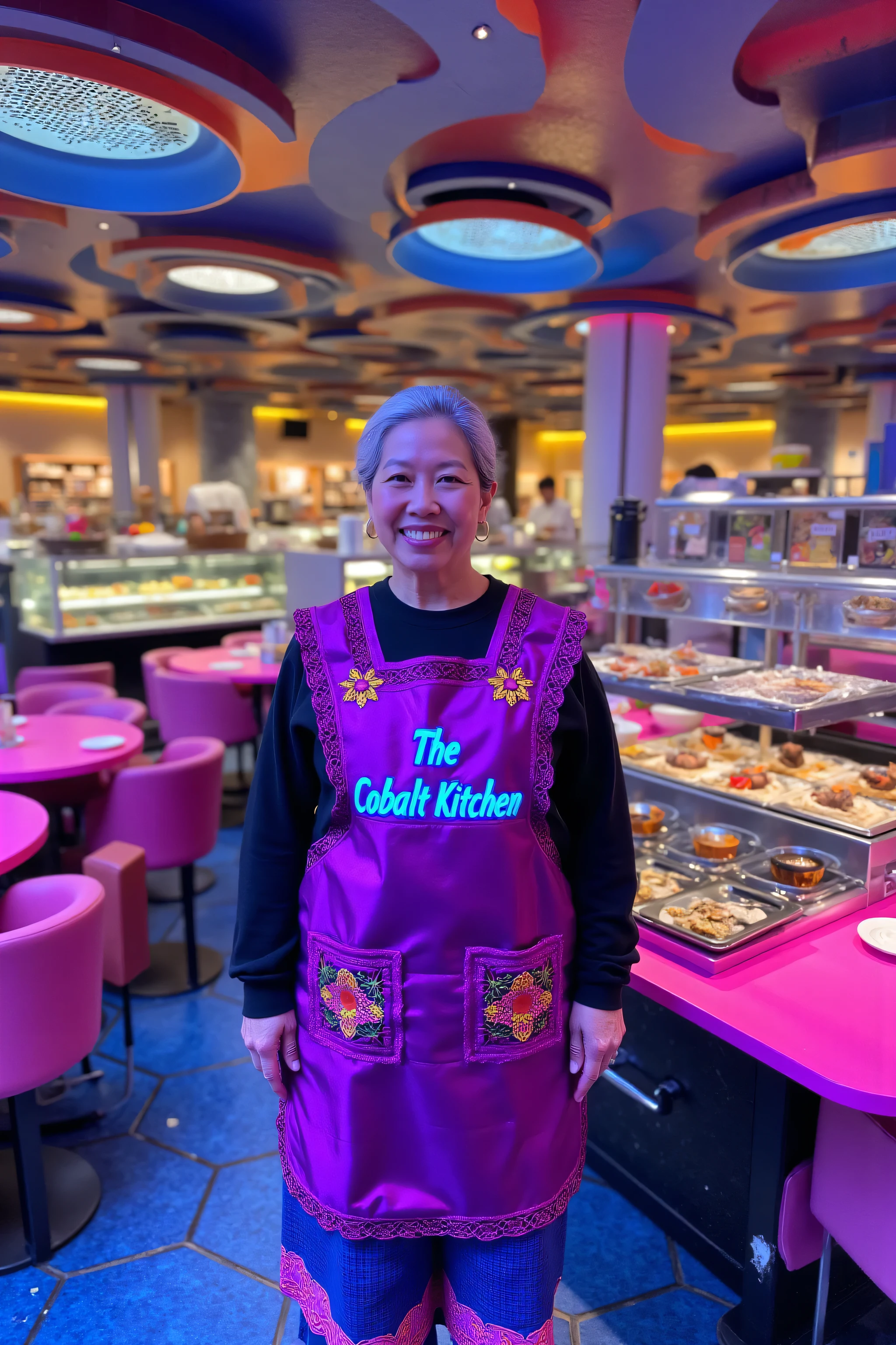 a woman wearing a traditional mexican Oaxacaapron Oxaca Apron made of shiny purple nylon with glowing blue text "The Cobalt Kitchen" on the chest and bright golden flower accents standing inside of a futuristic modern restaurant, the tables are octagonal and pink, the ceiling is cobalt blue, the floor is cobalt blue and black marble tiles, the walls are black onyx, the lighting is soft yellow hue from circular lamp openings in the ceiling, the lighting is hidden by grates, the restaurant has a buffet of steamy fish and meats with soup pots in the buffet, the woman is elderly asian and wears blue and pink pants, the woman is wearing a black long sleeve sweatshirt, the woman is standing near the buffet