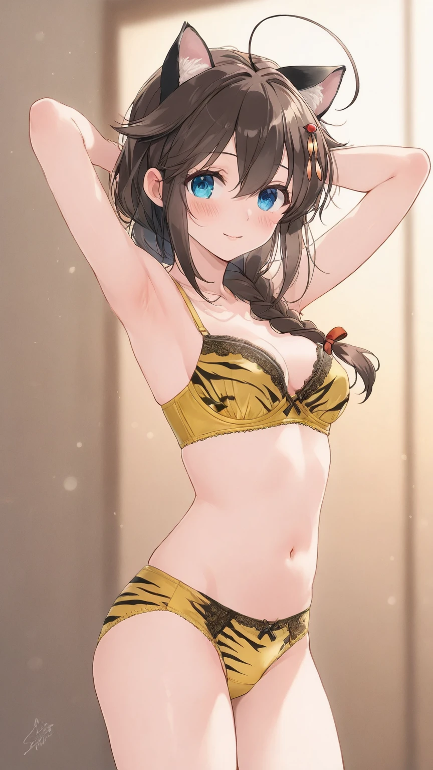 A beautiful girl in camisole sexy panties, anime girl, housewife, inside the room, inside the house, a window nearby, big rounds breasts, (yellow camisole, turquoise flowered panties), dark brown hair, long bangs, long hair, wavy hair, expressive hair, shiny hair, hairclip, aqua eyes, (gradient eyes:1.3), glowing eyes, pupils sparkling, blush, bright pupils, grin, glossy lips, open mouth, (grin:1.3), forehead, cute face, finger to mouth, anime, high detail, anime style, depth of field, dithering, chiaroscuro, image fill, three sided view, panorama, perspective, photography, lens flare, Wide-Angle, f/1.8, 85mm, Nikon, 40k, super detail, UHD, retina, masterpiece, accurate, anatomically correct, textured skin, highres, best quality