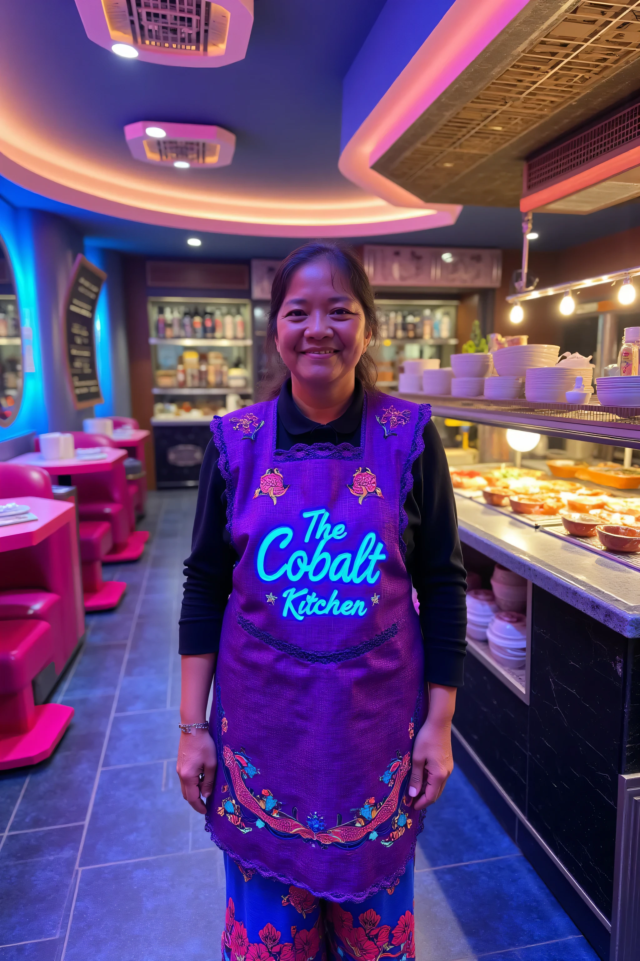 a woman wearing a traditional mexican Oaxacaapron Oxaca Apron made of shiny purple nylon with glowing blue text "The Cobalt Kitchen" on the chest and bright golden flower accents standing inside of a futuristic modern restaurant, the tables are octagonal and pink, the ceiling is cobalt blue, the floor is cobalt blue and black marble tiles, the walls are black onyx, the lighting is soft yellow hue from circular lamp openings in the ceiling, the lighting is hidden by grates, the restaurant has a buffet of steamy fish and meats with soup pots in the buffet, the woman is elderly asian and wears blue and pink pants, the woman is wearing a black long sleeve sweatshirt, the woman is standing near the buffet