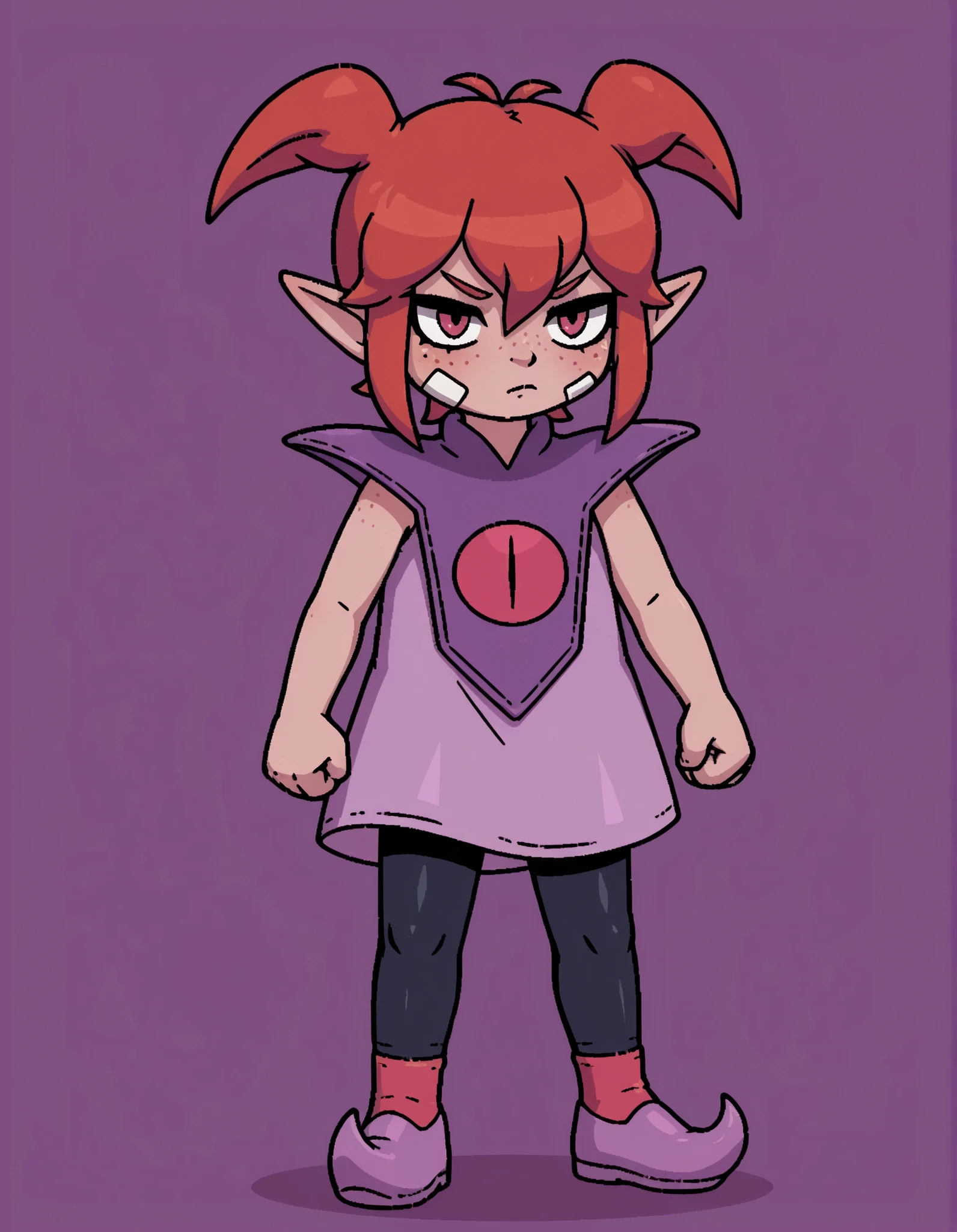 (DQB_DT), Beebz (Demon Turf),, solo, red hair, antenna hair, short twintails, sidelocks, pointy ears, hair between eyes, freckles, bandaid on cheek,, sleeveless dress, pink dress, purple capelet, black leggings, red socks, pointy shoes, purple footwear