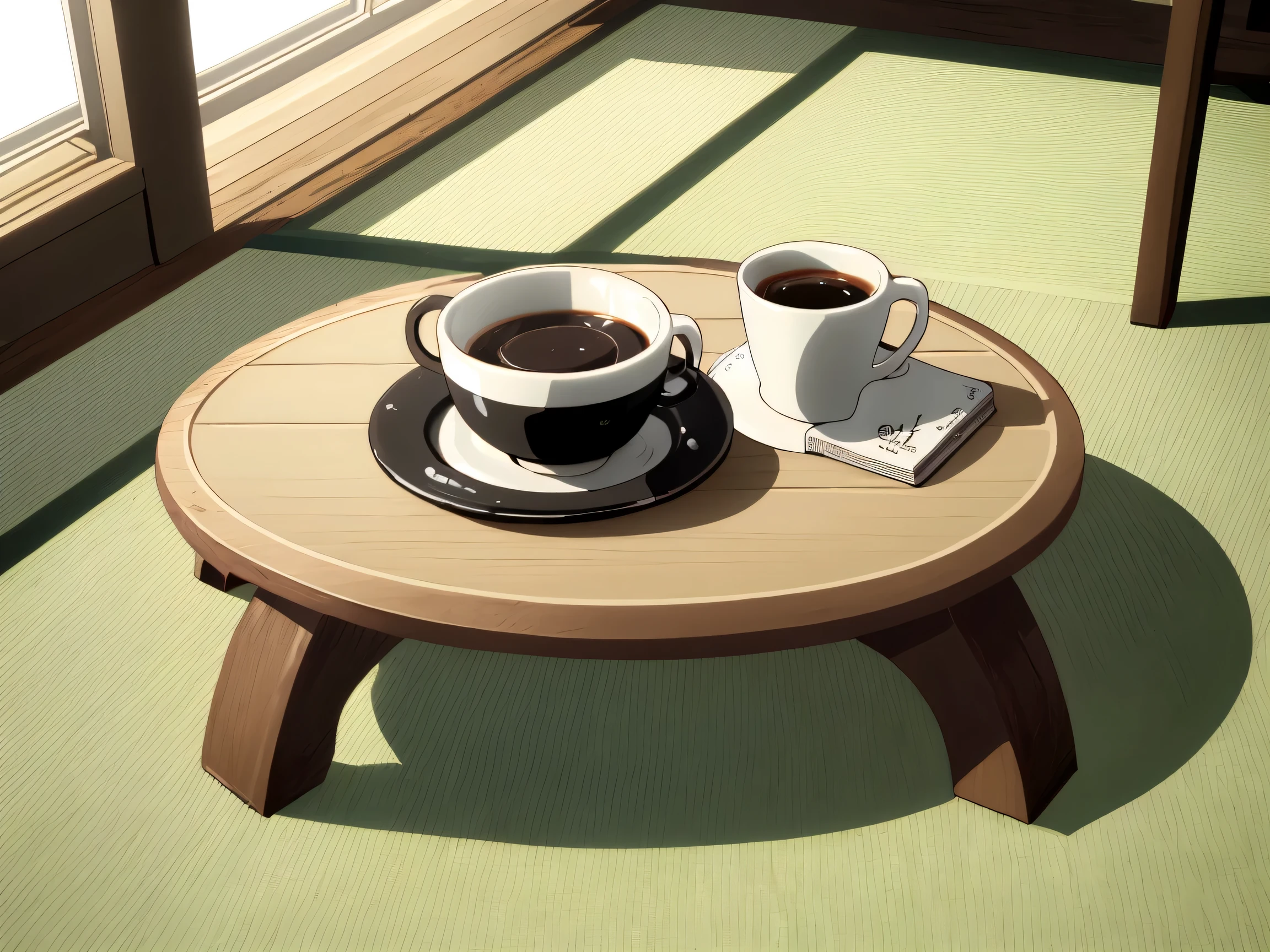 coffee package design book, minimalist still life, warm morning light, wooden table, ceramic coffee cup, soft shadows, Japanese aesthetic, calm atmosphere, design book open on table, muted colors, high quality, editorial photography style, cozy and quiet mood