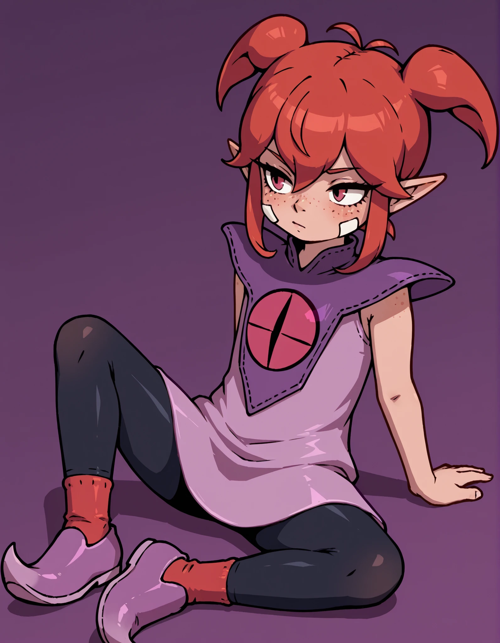 (DQB_DT), Beebz (Demon Turf),, coast,, solo, red hair, antenna hair, short twintails, sidelocks, pointy ears, hair between eyes, freckles, bandaid on cheek,, sleeveless dress, pink dress, purple capelet, black leggings, red socks, pointy shoes, purple footwear