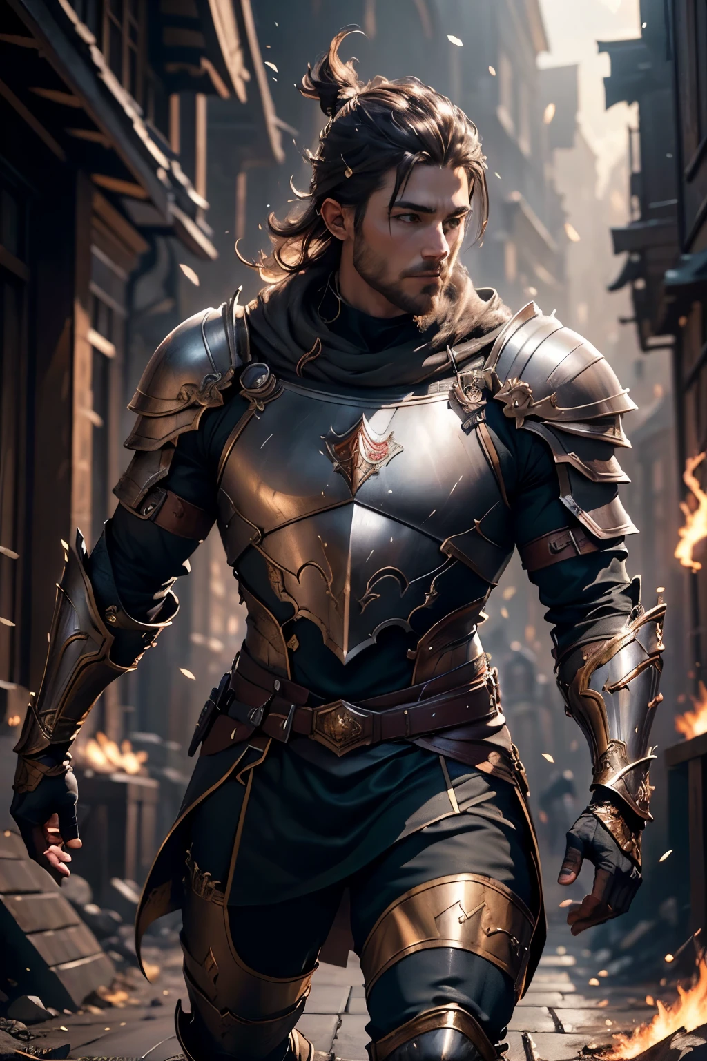 super_speed,thearmorer,medieval armor,running, lighting, light trails, (motion blur), ((Best quality)), ((masterpiece)), ((realistic cartoon)), ((perfect character)): Eager Shaved Young soldier,red cape, epic rpg portrait, fantasy male portrait, rpg portrait concept art, male warrior, fantasy concept art portrait, epic portrait illustration, detailed character portrait, a human warrior, large white armor with details, full armor, character dungeons and dragons, detailed hands The scene is set in a thematically rich environment, in flames battlefield the ambiance. The burned houses, crafted with a cinematic touch, casts a spellbinding glow, emphasizing the web network aura surrounding the white hat hacker. Every element of this masterpiece is carefully designed to create a sense of realism and immersion. The mesmerizing effects of his conjurations, and the level of detail in his young face all contribute to a captivating visual experience. This artwork is presented in stunning UHD resolution, allowing you to appreciate every nuance and intricacy in breathtaking detail. View from the side, scenic, masterpiece,mtg art,magic the gathering art.