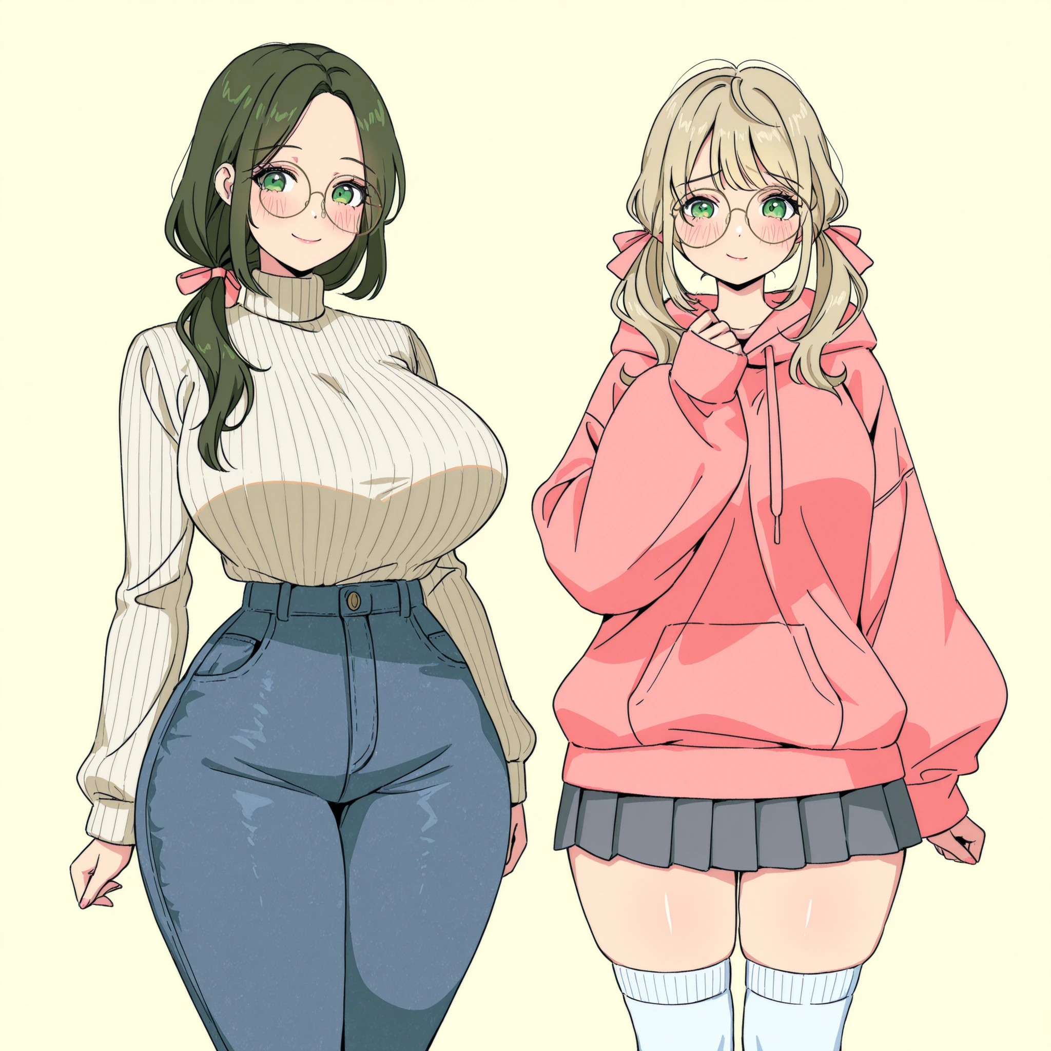 masterpiece, ultra-HD, impressionism, high detail, best quality, very aesthetic, 8K, best quality, beautiful, ultra-high resolution, 32K UHD, sharp focus, 2woman, duo, mature woman: long hair, brown hair, straight hair, low ponytail, parted bangs, green eyes, eyelashes, almond-shaped eyes, black eyeliner, pink full lips, mature woman, huge breasts, narrow waist, wide hips, thick thighs, shapely legs, slim, white ribbed turtleneck baggy sweater, baggy sweater, skinny jeans, blush, smile, cute, girl: short hair, ash-blonde hair, middle bangs, pigtails, straight hair, hair ribbons, pink ribbons, green eyes, eyelashes, huge breasts, narrow waist, wide hips, thick thighs, shapely legs, slim, big round glasses, black baggy hoodie, gray pleated skirt, white thigh high socks, blush, shy, smile, cute, standing, looking at viewer, simple background, front view
