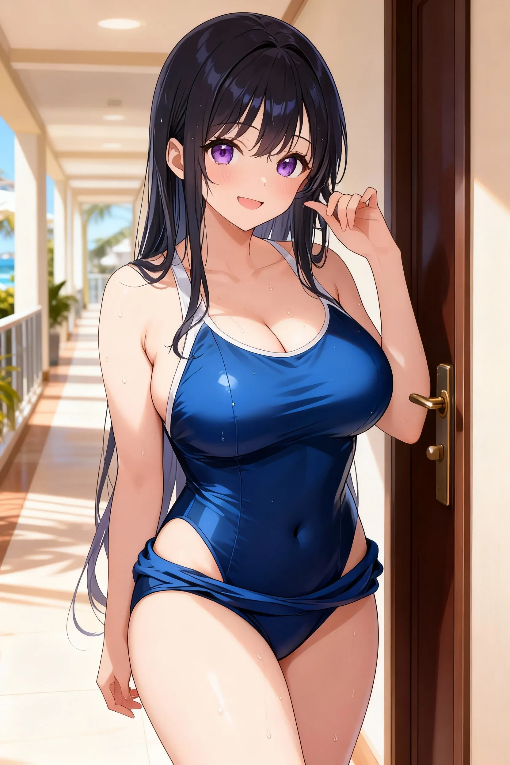draw eyes accurately,masutepiece, best quality, Asagi, 1girl in, mature body, My upper arms are thick,Solo, dripping sweat, purple one piece swimsuit, huge saggy breasts, cleavage, Embarrassing naughty smile, wide hips, Looking at Viewer, blue hair, Long hair, Bangs, hair between eye, green eyes, during night, draw hands accurately,Put your left hand on your hip,Background with（luxury hotel room）