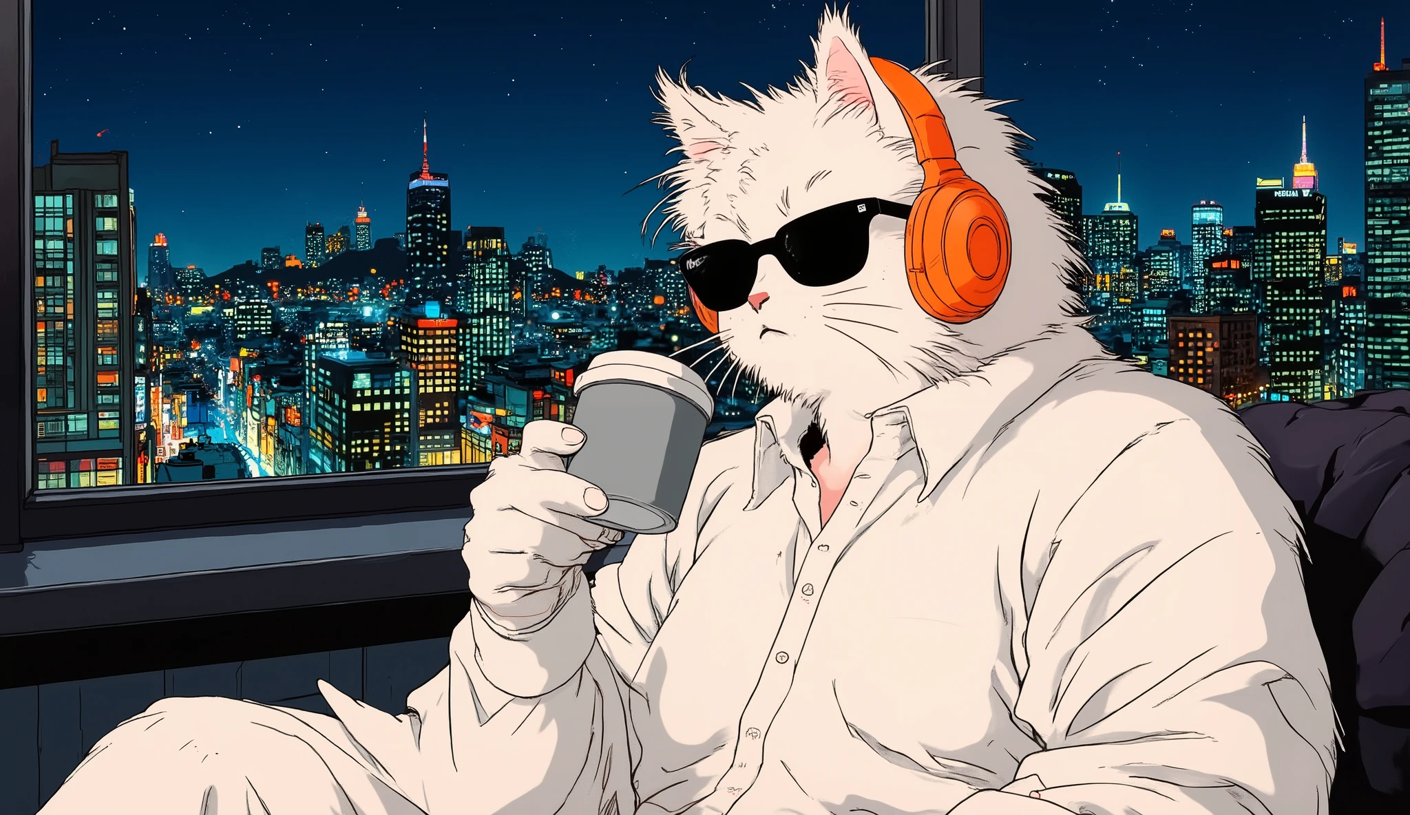 80sanime,An anime-style illustration, A stylish illustration shows a white cat wearing sunglasses and headphones, drinking coffee with the city's night landscape in the background, creating a calm atmosphere.The composition features a seated white cat, possibly near a window, with a cup of coffee in the left hand and headphones. The background shows the silhouette of a city at night, with bright building lights and a dark blue sky, contrasting with lighting soft interior. The scene is from an inside-out perspective, with the edge of a window or screen visible, creating an environment of introspection. The timing suggests a moment of rest or relaxation.The main subject is a stylized white cat with black sunglasses and orange headphones. Its coat is smooth and white, with outlines defined in a cartoon style. The cat appears to be relaxed, with a calm expression and the eyes hidden by the dark glasses. He wears a white shirt with a collar, complementing the stylish and elegant atmosphere. The coffee cup in the hand adds to the feeling of comfort and relaxation.The art style is graphic and modern, with strong contour lines and flat colors, reminiscent of the anime style or digital illustration. The technical execution demonstrates a careful use of shapes and proportions, with stylized details that add visual interest. The colors are mostly soft, with neutral tones and touches of orange, creating a contrast with the dark background. A The choice of palette and design technique create a contemporary and sophisticated atmosphere.The setting is a night city, with illuminated skyscrapers and a dark sky dotted with stars. The city lights create a soft glow that contrasts with the darkness of the sky, depth and visual interest. The general lighting is indirect and soft, emanating from the city and interior, which contributes to the feeling of tranquility and introspection.