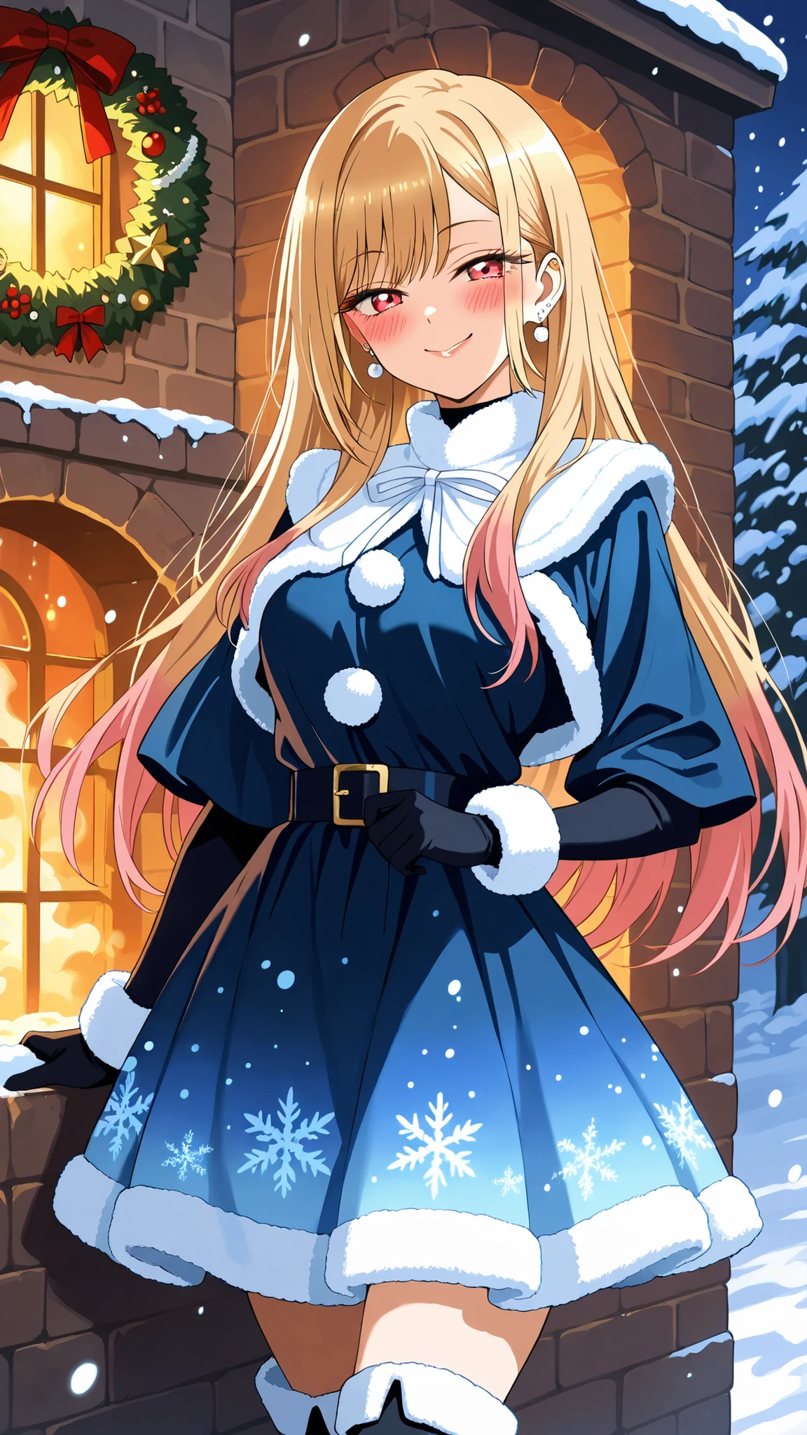 BREAK (masterpiece:1.2),highly detailed realistic anime background, snow-covered cottage,
warm orange windows glowing,
wreath on the door,
smoke rising from chimney,
snow slowly falling,
calm magical Christmas night, marin kitagawa, long hair, bangs, blonde hair, red eyes, multicolored hair,female anime outfit, blue velvet dress with thick fur trim,
long gloves with fur cuffs, knee-high boots, elegant winter look,
,looking at viewer,cowboy shot,blush,flirty face,seductive pose,