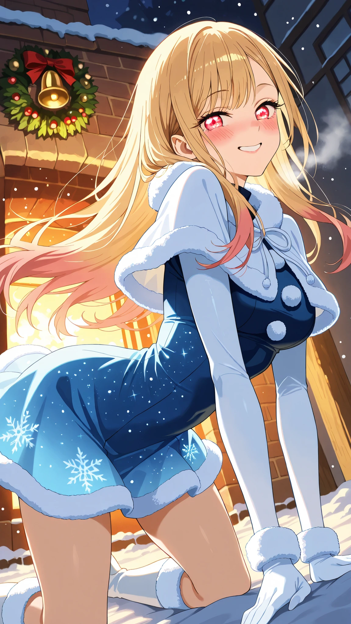 BREAK (masterpiece:1.2),highly detailed realistic anime background, snow-covered cottage,
warm orange windows glowing,
wreath on the door,
smoke rising from chimney,
snow slowly falling,
calm magical Christmas night, marin kitagawa, long hair, bangs, blonde hair, red eyes, multicolored hair,female anime outfit, blue velvet dress with thick fur trim,
long gloves with fur cuffs, knee-high boots, elegant winter look,
,looking at viewer,cowboy shot,portrait shot,blush,shy face,floating hair,floating dress,kneeling on all fours, arched back, detailed body posture, soft lighting, focus on curves, suggestive pose, intimate atmosphere, bedroom setting, high detail, 4k,from below,smile,sparks in eyes,