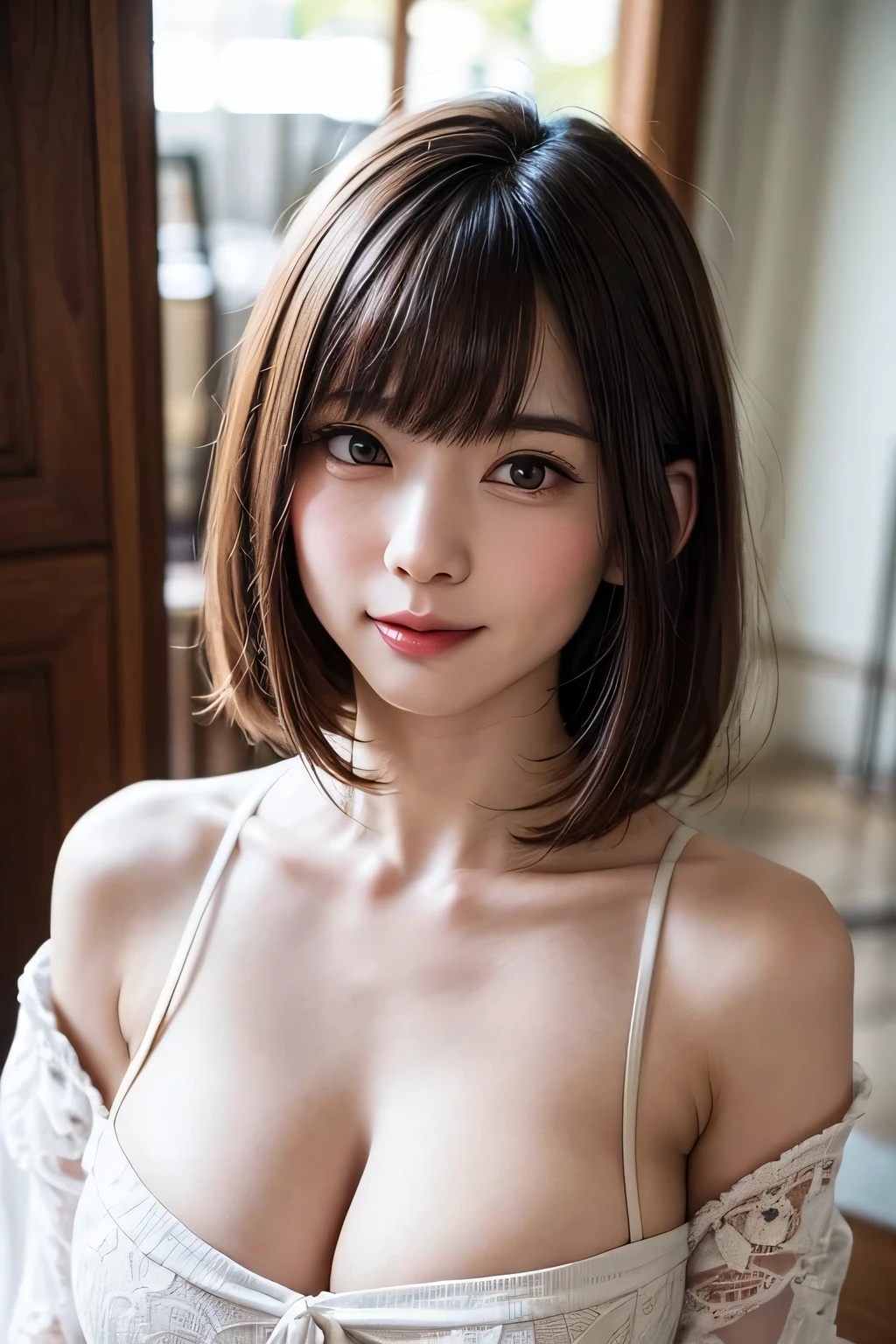 ((top-quality、8K、​masterpiece:1.3))、1girl in、Slim Abs Beauty:1.3、(Hairstyles Brown Hair Shortcuts、Colossal ????:1.2)、doress:1.1、Super fine face、Delicat eyes、二重まぶた、A smile、Home、Raw photo、Tank Tops、???? out、Sharp Eyebrows、japanes、cleavage of the ??????、Slender beauty、Colossal ????、??? slaves