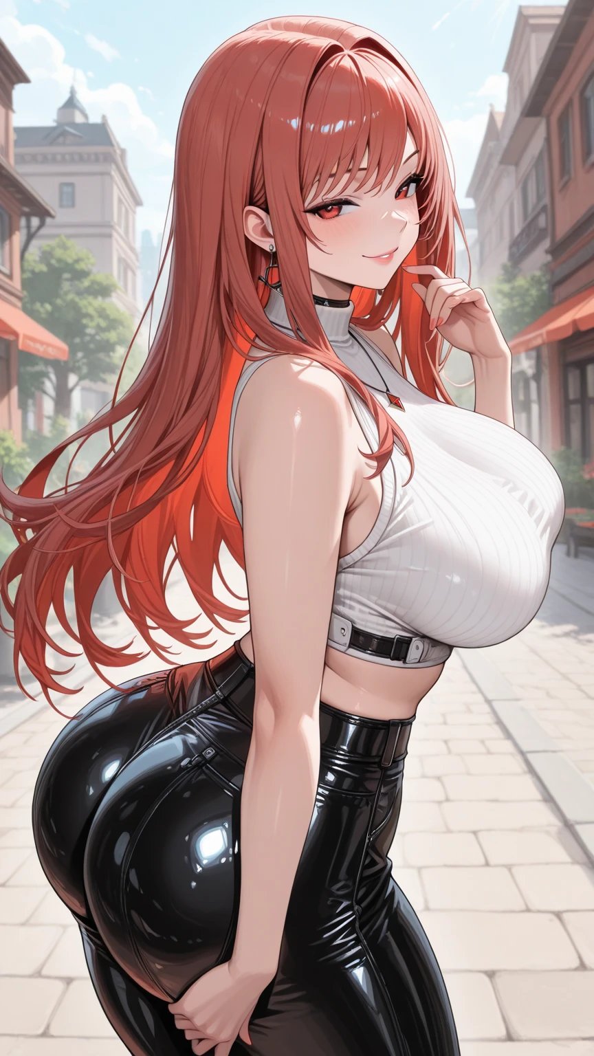 anime girl, Tall mature anime woman, ????????????????, exposed ???????, very wide ????, enormous ????????, wearing a white sports bra, black tight pants, exposed stomach, ???? arms, long red hair in a ponytail, blue eyes, low angle, facing viewer, full body, perfect face, top rated on pixiv, at pixiv, beautiful alluring anime teen, attractive anime girl, pixiv 3dcg, popular on pixiv, beautiful anime girl, beautiful anime woman