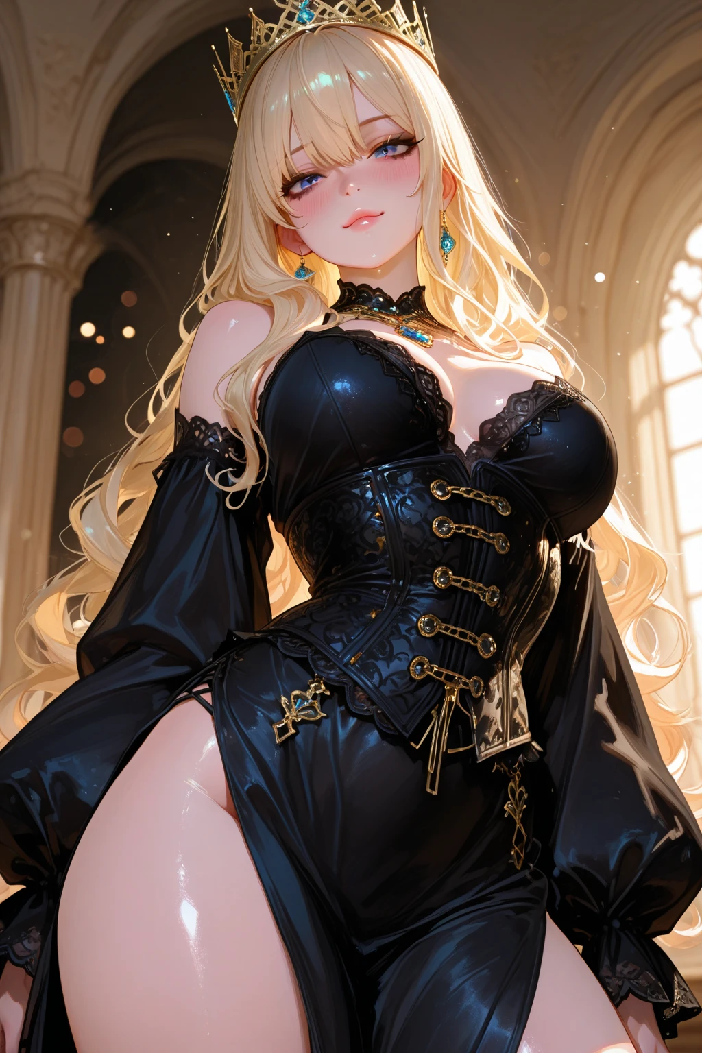 (best quality, masterpiece:1.2), 
one young girl,
(platinum blond spiral curls hair),
noble black military uniform,
ceremonial clothes,
subtle gold decorations on clothes,
squat, , standing on tiptoe,
black thigh high boots,
close up between legs, peek from below,
(simple dark background)