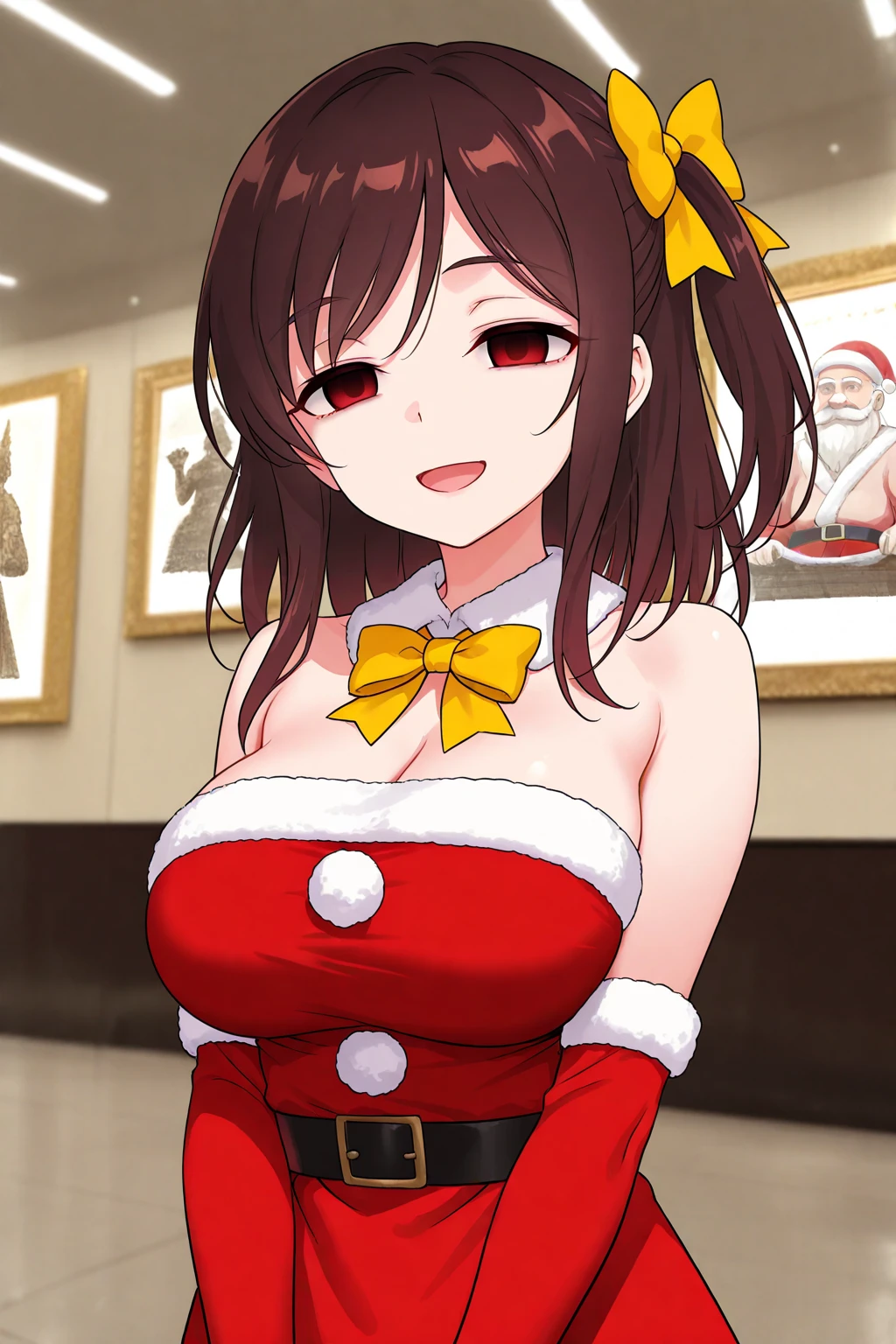 <lyco:SexySantasHelper:1>, sshelper, 1girl, volumetric lighting, cute, smile, cowboy shot, sexy, panties, mature female, garter straps, thick thighs, wide hips, huge breasts, leaning forward, breasts squeezed together