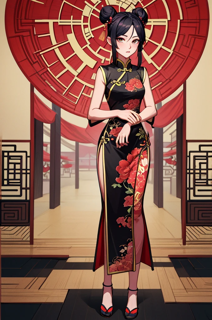 exotic, fantastic, absurd, haughty young woman, bob cut hairstyle, orange eyes, very , red cheongsam, carp prints, extraordinarily silver and gold embroidery, purple silk gloves and stockings, with lace, Prussian blue embroidered slippers, silver lace fan,  and stunning pose, in a Chinese hall, anime, cinematic, masterpiece, dynamic back view, full body,