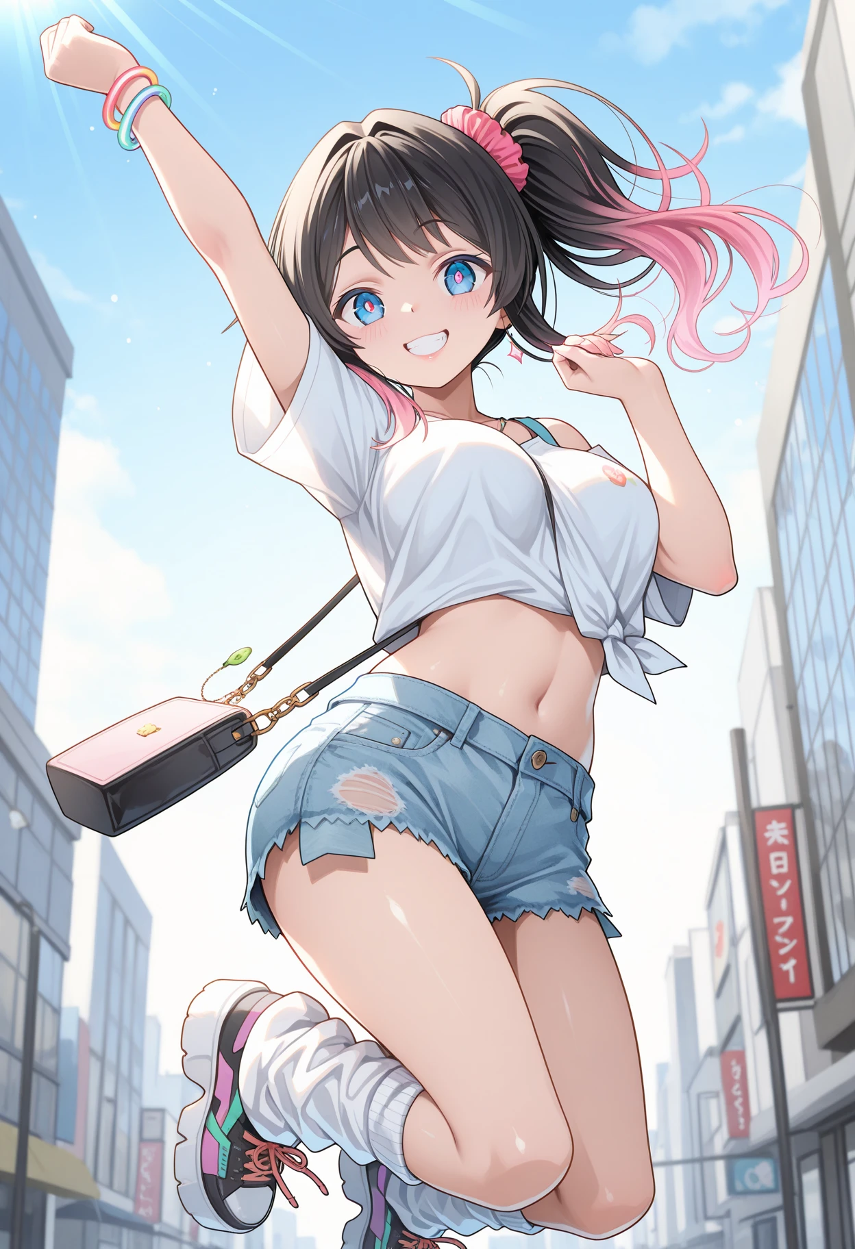 4K，One Girl, MS. end，thin，Very short stature，Very thin thighs，Blunt bangs，Short dress shirt, Half sleeves，Red Suspender ，blush, smile, Bobcut, Black Hair，Vibrant colors, ，A lot of  drips down her thighs onto the floor，(remote_play))，remote-vibrating-egg，((Someone else's hand holding a pink round remote control:1.3))、Ecstatic expression，Accurate and detailed female fingers，,blush,,masterpiece,12yo,