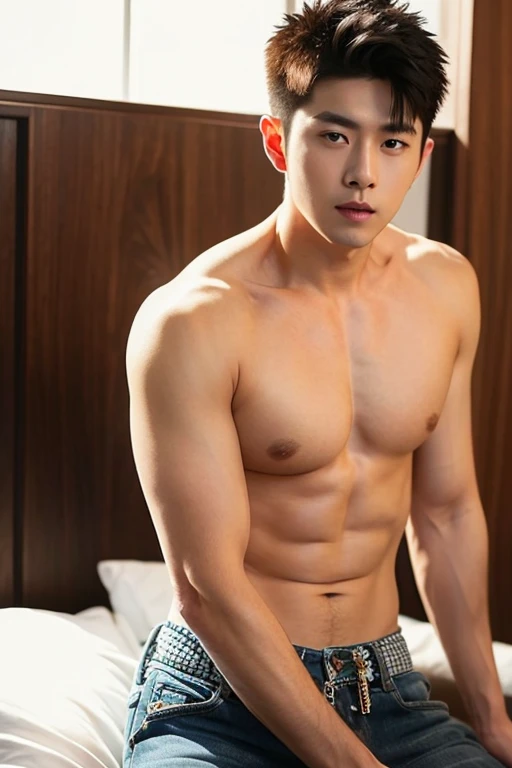 Realistic masterpiece, young Chinese man, Chinese male actor, Deng Lun20 years old,  handsome, Good shape, big muscles,Plump muscles, black hair,, Bright black eyes, Narrow eyes, Prominent nose, Thin mouth, Height 180 cm, Good shape, Wear a ???? micro ?????, The background is a night light. large bulge in the middle Sharp and detailed face. Pictures taken with the Canon 50k camera are clear.. Pinkish-white skin. handsome face.Clear Face. Deng Lun20 years old, good condition , phat ??????? , swollen ??????? , thicks thighs. , ????