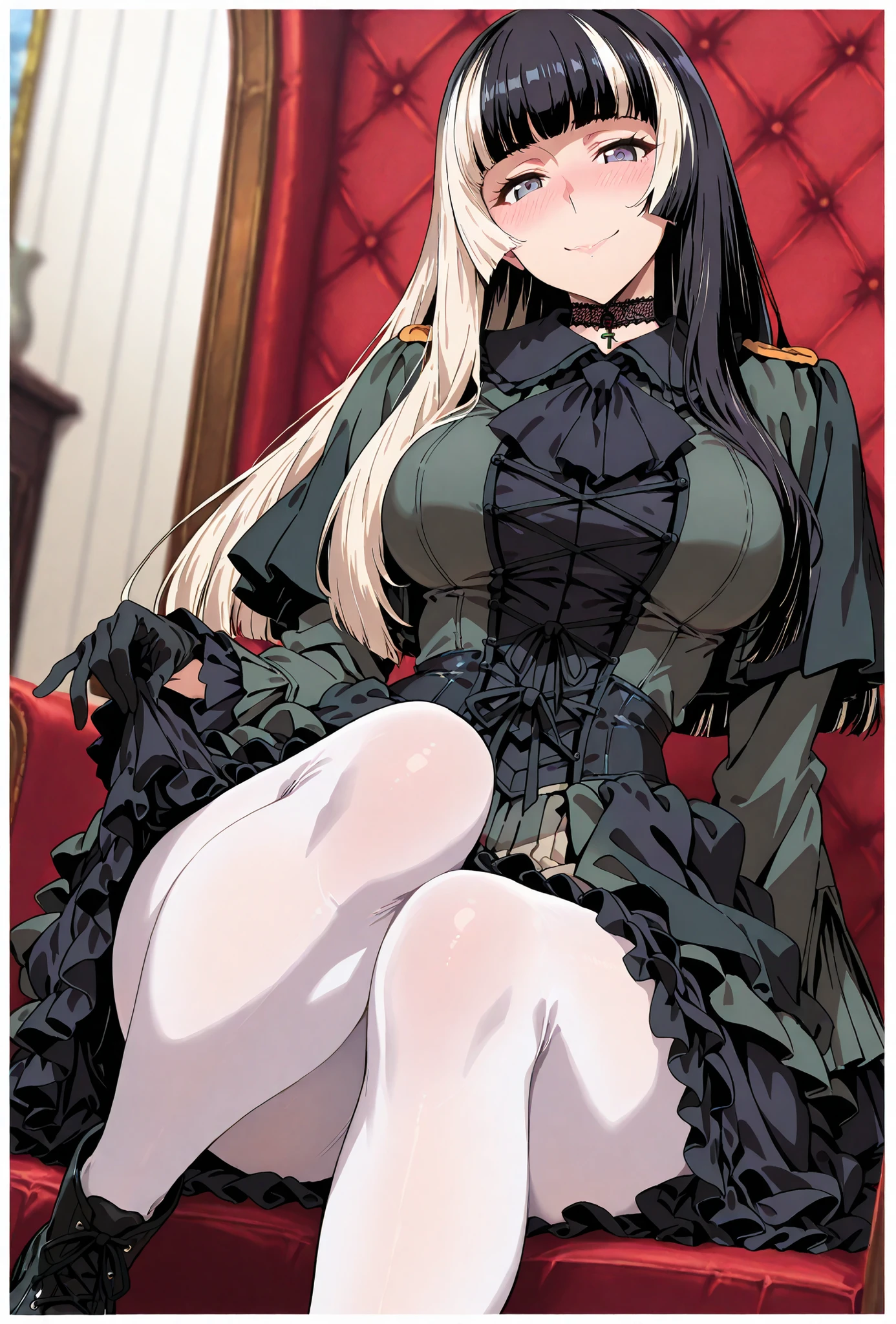 Juufuutei Raden,, score_9, score_8_up, score_7_up, source_anime, top quality, (seductive, blush), Smile Yan, Official Art, looking at viewer, masterpiece, ultra-HD, high detail, depth of field, top quality, 8k, top quality, ergonomic,Official Art, 1 girl,solo, anime keyvisual, slender, small butt with a low gaze, thin waist, Sessyu Style,
Juufuutei Raden, gothic lolita, frilled dress, cross-laced dress, black dress, black gloves, black choker, black footwear, white border, white pantyhose, bow, sidelocks, pantyhose, border, lace-trimmed choker
,
,
,