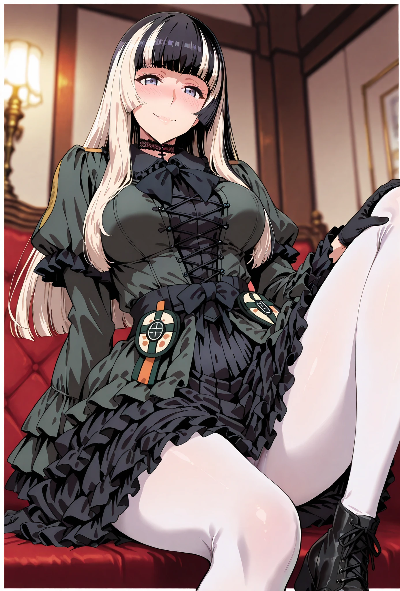 Juufuutei Raden,, score_9, score_8_up, score_7_up, source_anime, top quality, (seductive, blush), Smile Yan, Official Art, looking at viewer, masterpiece, ultra-HD, high detail, depth of field, top quality, 8k, top quality, ergonomic,Official Art, 1 girl,solo, anime keyvisual, slender, small butt with a low gaze, thin waist, Sessyu Style,
Juufuutei Raden, gothic lolita, frilled dress, cross-laced dress, black dress, black gloves, black choker, black footwear, white border, white pantyhose, bow, sidelocks, pantyhose, border, lace-trimmed choker
, 
,
,
