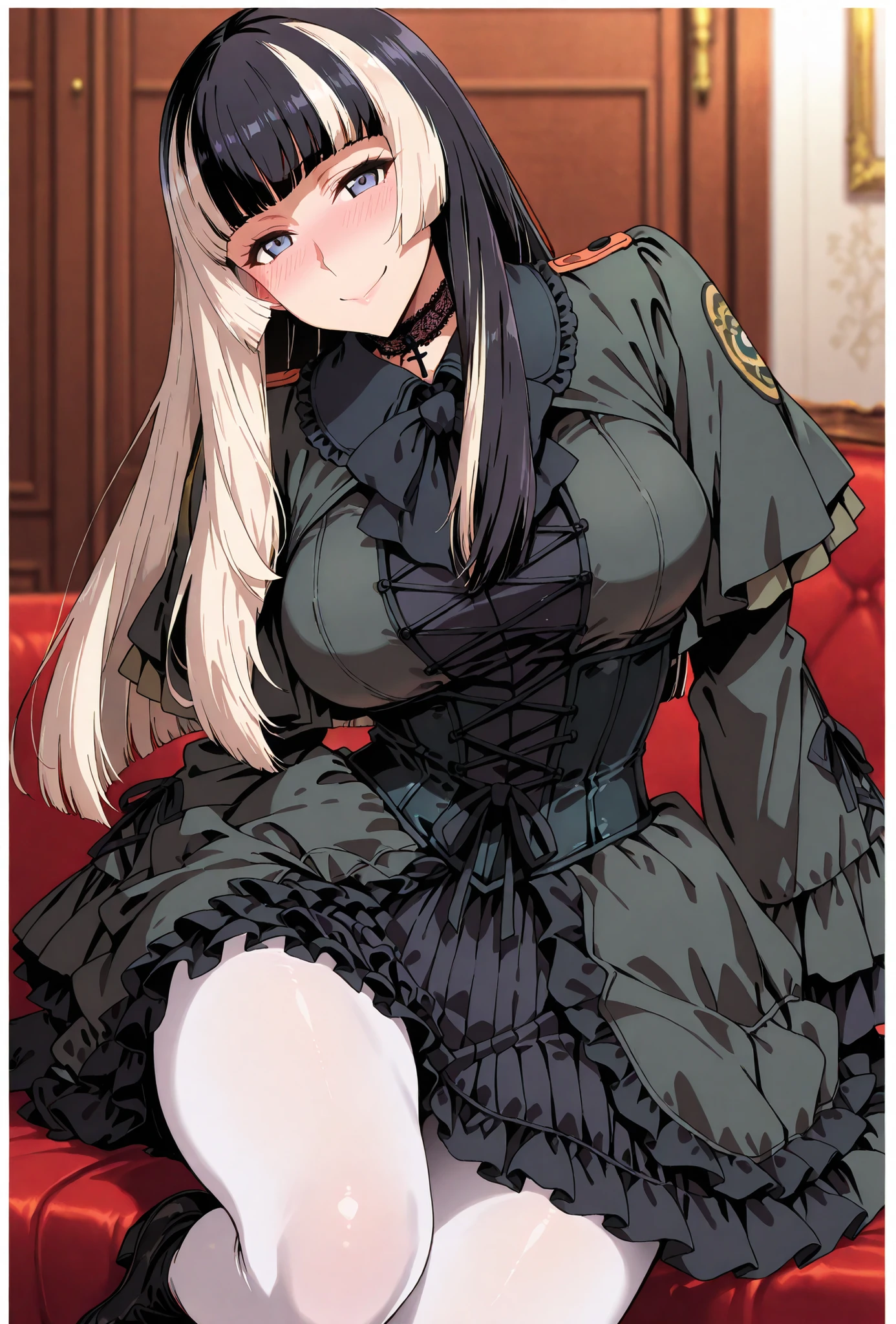 Juufuutei Raden,, score_9, score_8_up, score_7_up, source_anime, top quality, (seductive, blush), Smile Yan, Official Art, looking at viewer, masterpiece, ultra-HD, high detail, depth of field, top quality, 8k, top quality, ergonomic,Official Art, 1 girl,solo, anime keyvisual, slender, small butt with a low gaze, thin waist, Sessyu Style,
Juufuutei Raden, gothic lolita, frilled dress, cross-laced dress, black dress, black gloves, black choker, black footwear, white border, white pantyhose, bow, sidelocks, pantyhose, border, lace-trimmed choker
, 
,
,
