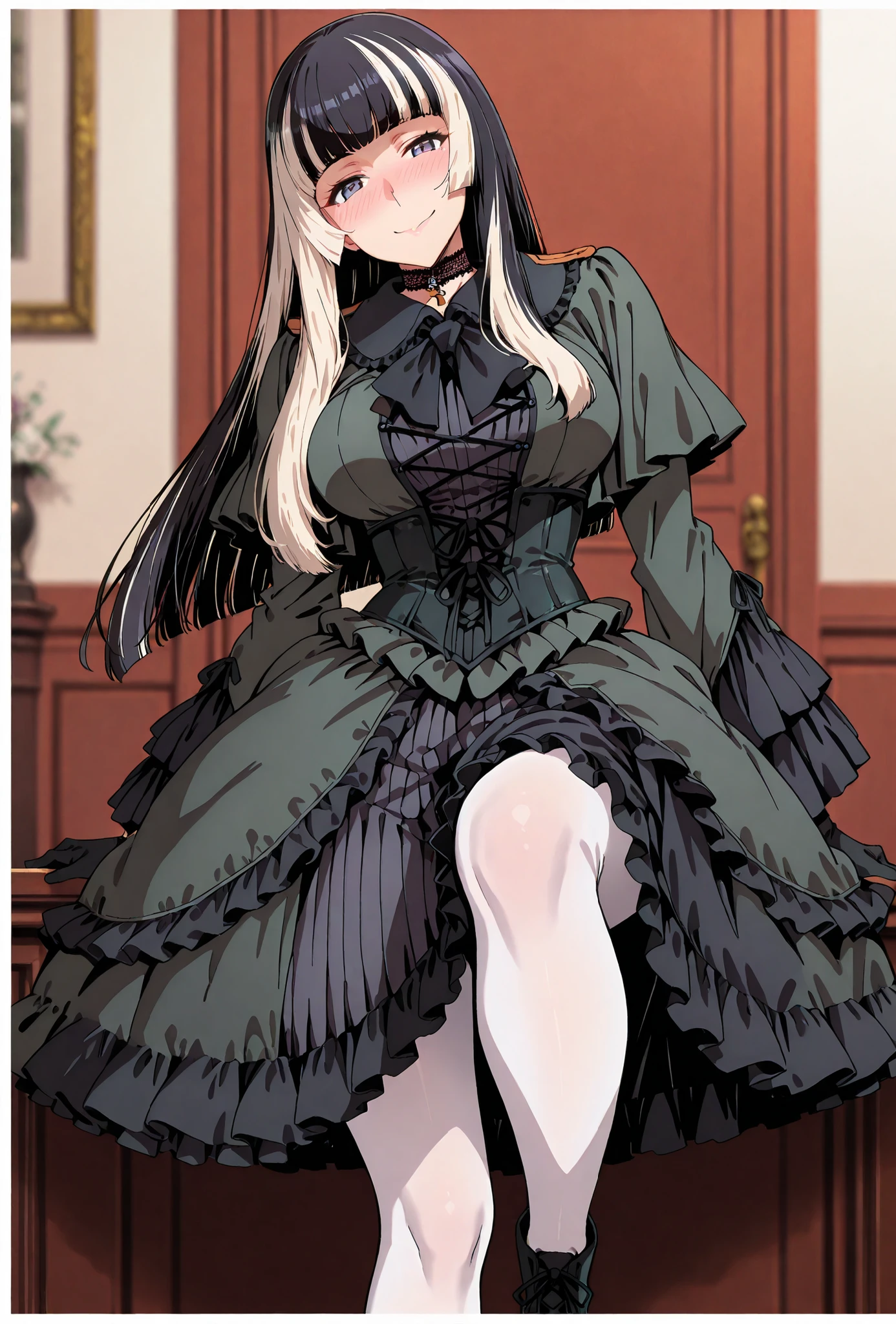 Juufuutei Raden,, score_9, score_8_up, score_7_up, source_anime, top quality, (seductive, blush), Smile Yan, Official Art, looking at viewer, masterpiece, ultra-HD, high detail, depth of field, top quality, 8k, top quality, ergonomic,Official Art, 1 girl,solo, anime keyvisual, slender, small butt with a low gaze, thin waist, Sessyu Style,
Juufuutei Raden, gothic lolita, frilled dress, cross-laced dress, black dress, black gloves, black choker, black footwear, white border, white pantyhose, bow, sidelocks, pantyhose, border, lace-trimmed choker
, 
,
,
