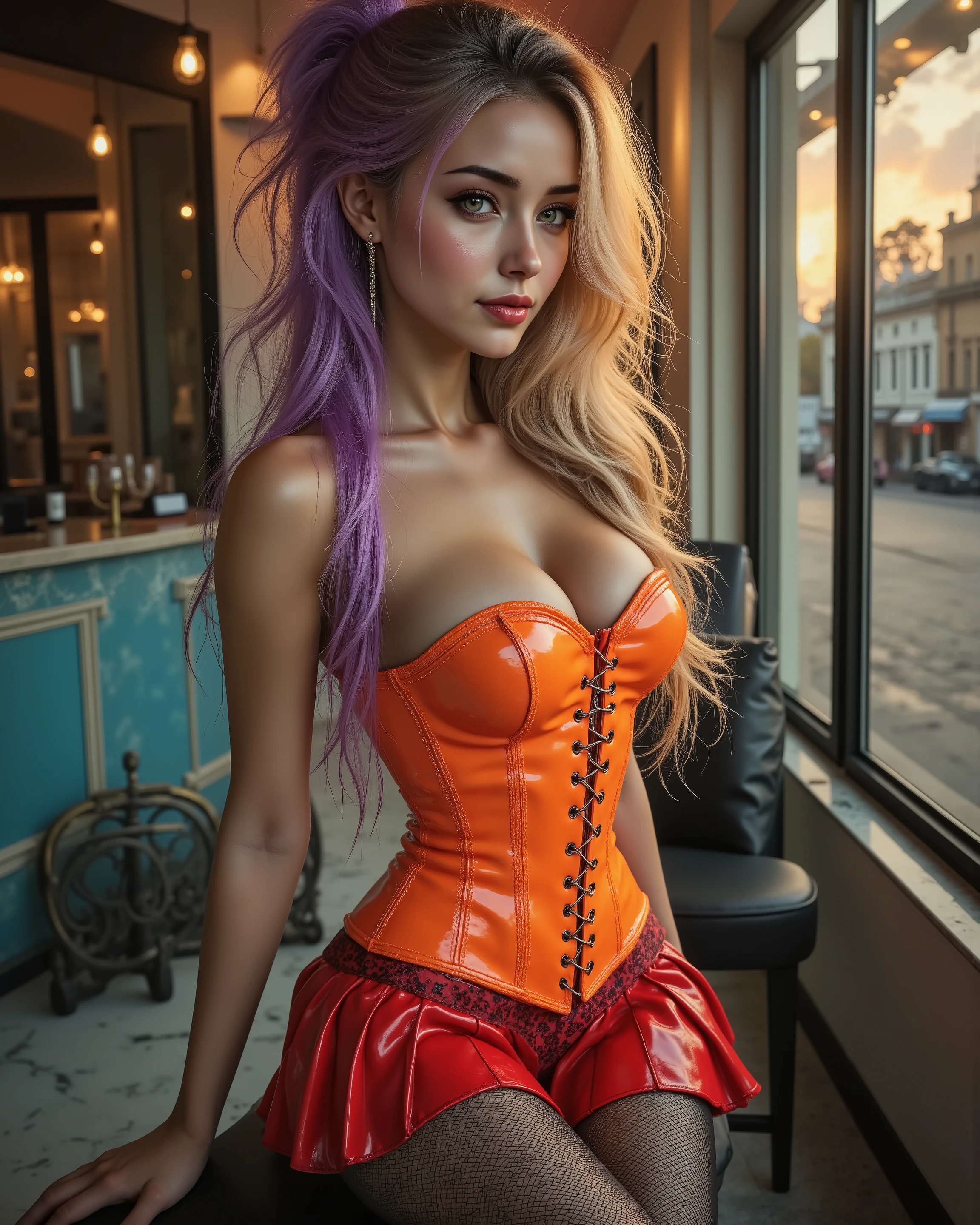 Ultra-realistic (photorealistic Realism) , (Key Directive: - The priority is the anatomical accuracy and texture of the materials - Ultra-sharp human eyes with biological accuracy) {Character: age19 with an toned extremly skinny athletic build | Face: A very beautiful and cute Woman, perfect face, perfect symmetrically eyes, red lipstick. her mouth is open in an expression of (orgasmic ecstasy) | "Eyes: (acid-resistant terminology) (macro-details:1 . 5): * Moist corneal surface (visible aqueous layer:1 . 2) * Ultra-detailed iris stroma brown (with gold flecks) * Precise limbal ring (slightly darker pigmentation:1 . 22)" - Lashes: blue individual synthetic fibers (crosshatched roots:1 . 2, clump-free separation) (Post-Processing: - Frequency separation for skin vs eye details) (Avoid: pupil distortion , uncanny valley asymmetry , plastic-like wetness) | Skin: pale skinney and ultra tanned skin, Wet skin, (extremly skinny slim anorexic body) | Hair: ((insanly long flowing bright purple with blond high-lights shiny hair)) | Pose: she relaxes in luxurious 50s style café. Environment: (luxury 1950s-style cafe, sitting on a stool, near the window, interior in pastel warm colors, marble floor, sitting position on a chair (erotic scene)), Outfit: A dress a beautiful girl with a perfect figure in something nice, made of available materials [wearing (Gothic corset style (extra smooth, shiny neon-orange latex (tightly laced at the waist, body-hugging)), intricately detailed:1.32)], [red mini skirt ((pleated latex, tiny mini skirt:1 . 35), no_panties , (curvy)), wraps around the hips] [(fishnet stockings on legs)], [all here Latex Looks glossy and wet], (she is holding black Heart shaped handbag With gold chain)} | Lighting: - beautiful golden sunset light is touch here skin and body, Beautiful cinematic light (Rendering engine: Unreal Engine 5 path tracing, 16K texture maps), (generate hands anatomically correct:1.35)
