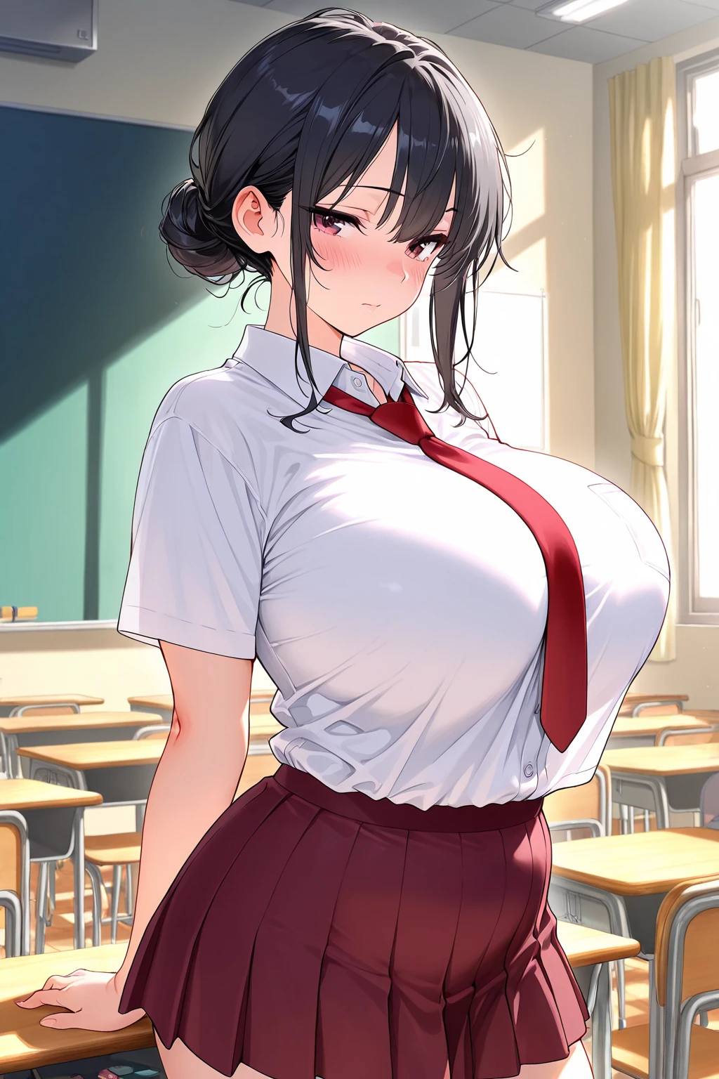 loose school uniform is sheer, button gap,(covered nipples:0.95),breasts,red white gold uniform,(side-tie peek:1.5),(button gap:1.5), white skirt, white top, red ribbon, golden buttons, golden shoulder pats, young adult, 19 years, brown half updo hair, brown eyes, beautiful brown eyes, big breast, striking body curves, horny smile, pink lips, tiny girl, cute pose, masterpiece, classroom background, school