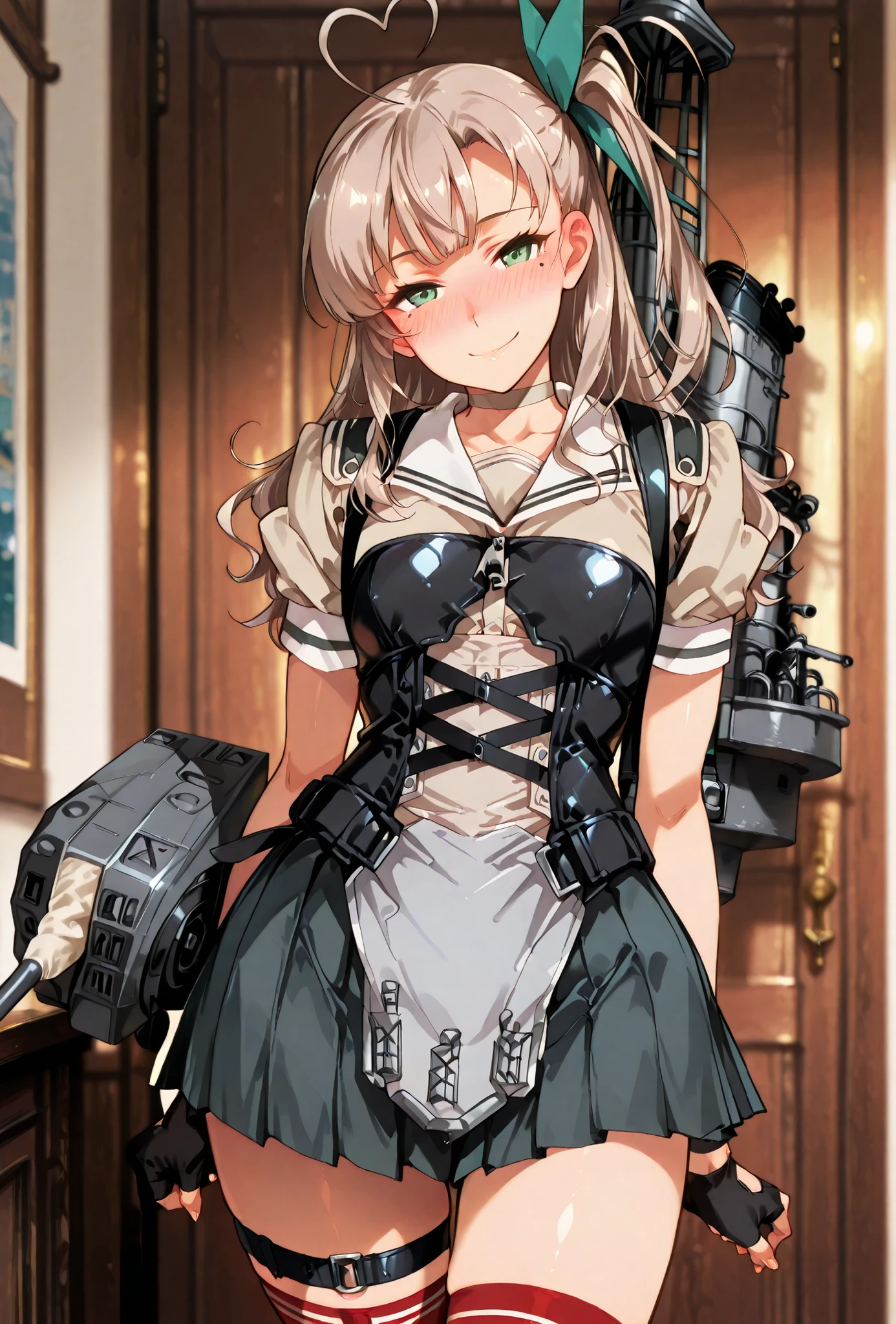 Kashi \(kantai collection\)\(kancolle\) , score_9, score_8_up, score_7_up, source_anime, top quality, (seductive, blush), Smile Yan, Official Art, looking at viewer, masterpiece, ultra-HD, high detail, depth of field, top quality, 8k, top quality, ergonomic,Official Art, 1 girl,solo, anime keyvisual, slender, small butt with a low gaze, thin waist, Sessyu Style,
heart ahoge,mole under eye,,hair ribbon,one side up,,rM-class uniform,choker,pleated skirt,corset,tabard,belt, military boots, red thighhighs,ribbon on right waist,fingerless gloves,,rigging,thigh strap,
, 
,
,
