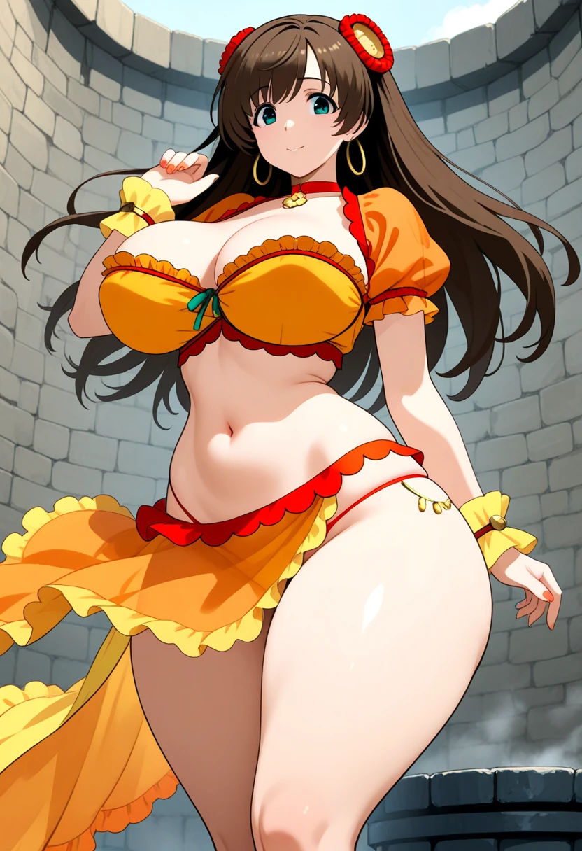 masterpiece, best quality, beautiful art, high resolution, well formed hands, body and fingers, 1 woman, solo, Haruhi suzumiya, grown up, arabian belly dancer, adult, big breasted, cleavage, hair ribbon, full body, ???? and skimpy outfit , gorgeous legs and thighs,  fighting in a combat match, showing her fighting skills, making her guard, about to hit the viewer, looking at the viewer, sweating, bouncing ???????, smiling joyfully and brightly, being confident and proud, action and fighting scene, martial arts arena with beach environment      