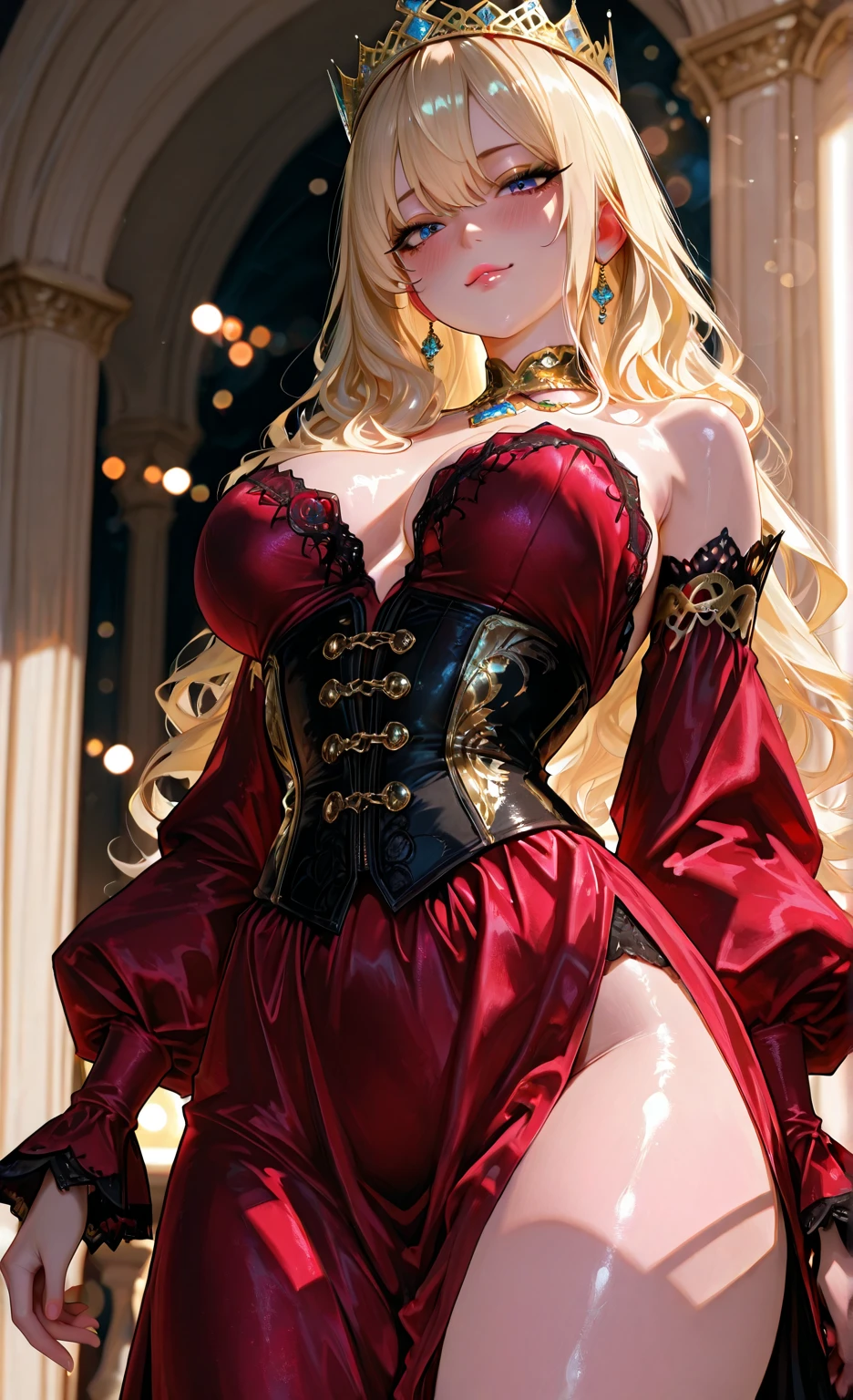 (Masterpiece, Best Quality, High Quality, Highres:1.4), Detailed, Extremely Detailed, Ambient Soft Lighting, 4K, Ornate,

Indoors, (Renaissance, Vintage:1.4), Plants, Window,

1Gril, (Solo:1.4), (:1.2), Standing, Upper Body, (Face Focus:1.2),

(Extremely Detailed Hair:1.2), Blonde Hair, Long Hair, Long Sidelocks, Bangs, (Hair Intakes, High Ponytail:1.4),

Expressionless, Emotionless, (Red Eyes, Glaring, Contempt, Disgust, Looking at Viewer:1.2),

Curvy, Huge Breasts, , (Bursting Breasts:1.2), 

(Tiara:1.2), Crown, (Cleavage, Strapless, Red Dress, Frilled Dress, Long Skirt, Puffy Skirt, Puffy Sleeves, Juliet Sleeves, Long Sleeves:1.2), Jewelry, --auto