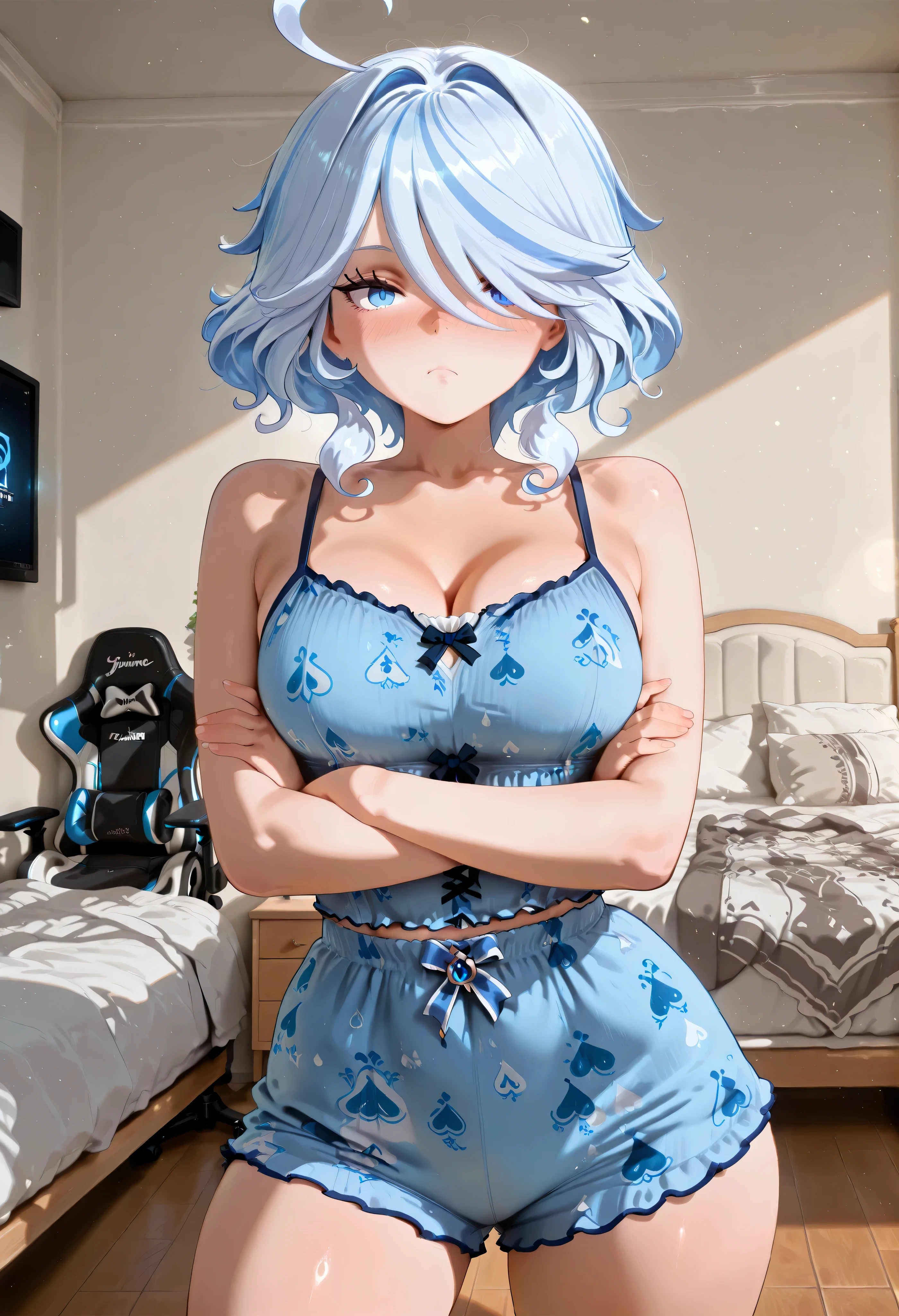 score_9, score_8_up, score_7_up, score_6_up, score_5_up, score_4_up, masterpiece, high quality, shiny skin, shiny hair, shiny body, clear body, large breasts, nose blush, nice legs, standing, nice legs, posing, SFW, looking at viewer, thick thigh, thick thighs, nice face, large breasts, solo, bedroom, posing, pose, contrapposto, detailed bedroom, bed, gaming chair, gaming pc, pants, pants, fully pants, ht_pajamas,laces, crossed arms, 1girl, furina, blue eyes, blue hair, cowlick, ahoge, hair over one eye, light blue hair, short hair,