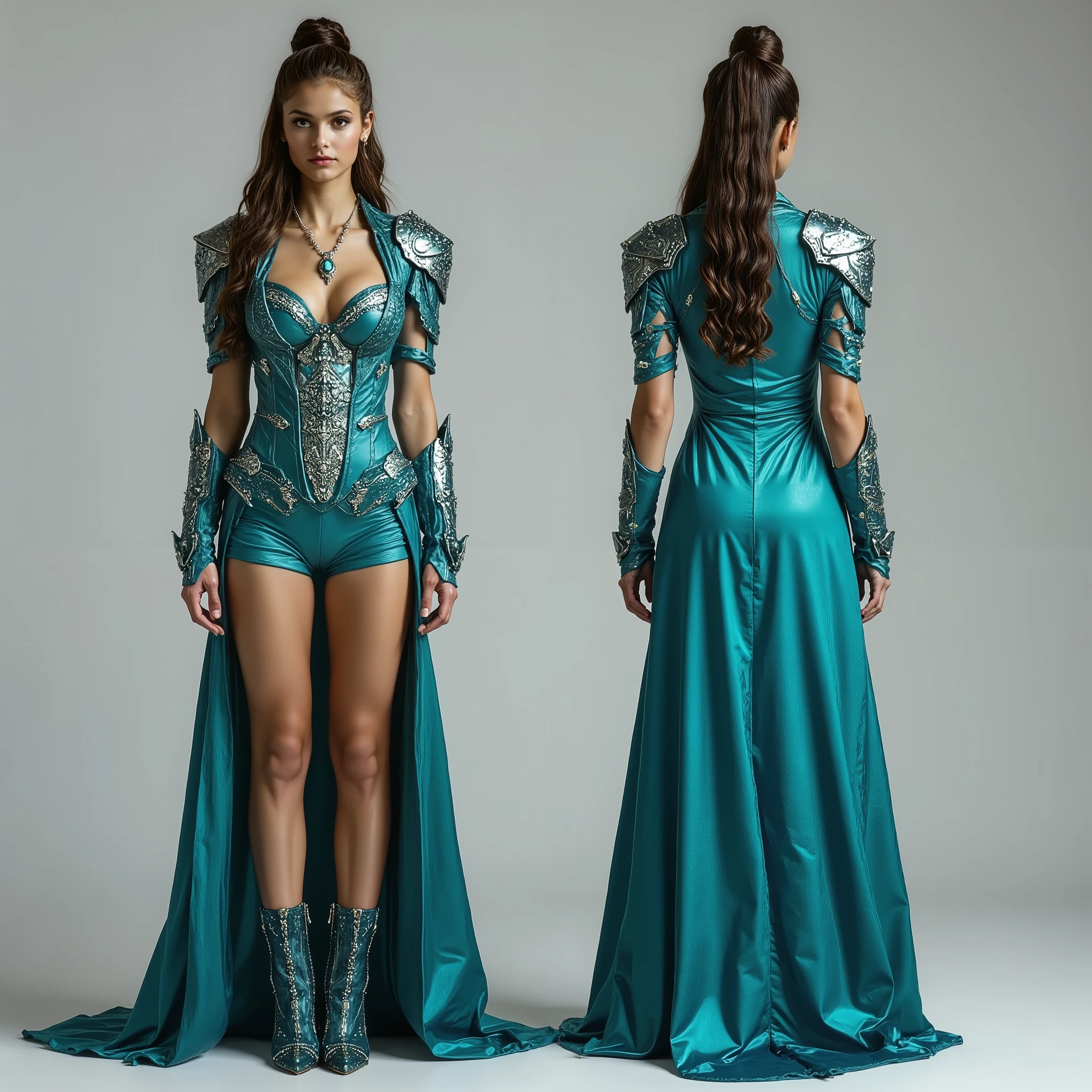 Nina Dobrev has a relatively small head, long neck, very broad shoulders and torso, long athletic  big  of the upper legs, dressed in turquoise satin nano armor with cables and wires, turquoise steel shoulder pads made of plates engraved, engraved corset, Armor, short satin skirt with shields, turquoise thick satin robe, There is a necklace made of silver and turquoise glowing stones, high-heeled ankle boots with pointy toes, she stands in two full-length poses image on a gray background. 1 pose front view, 2 pose back view.