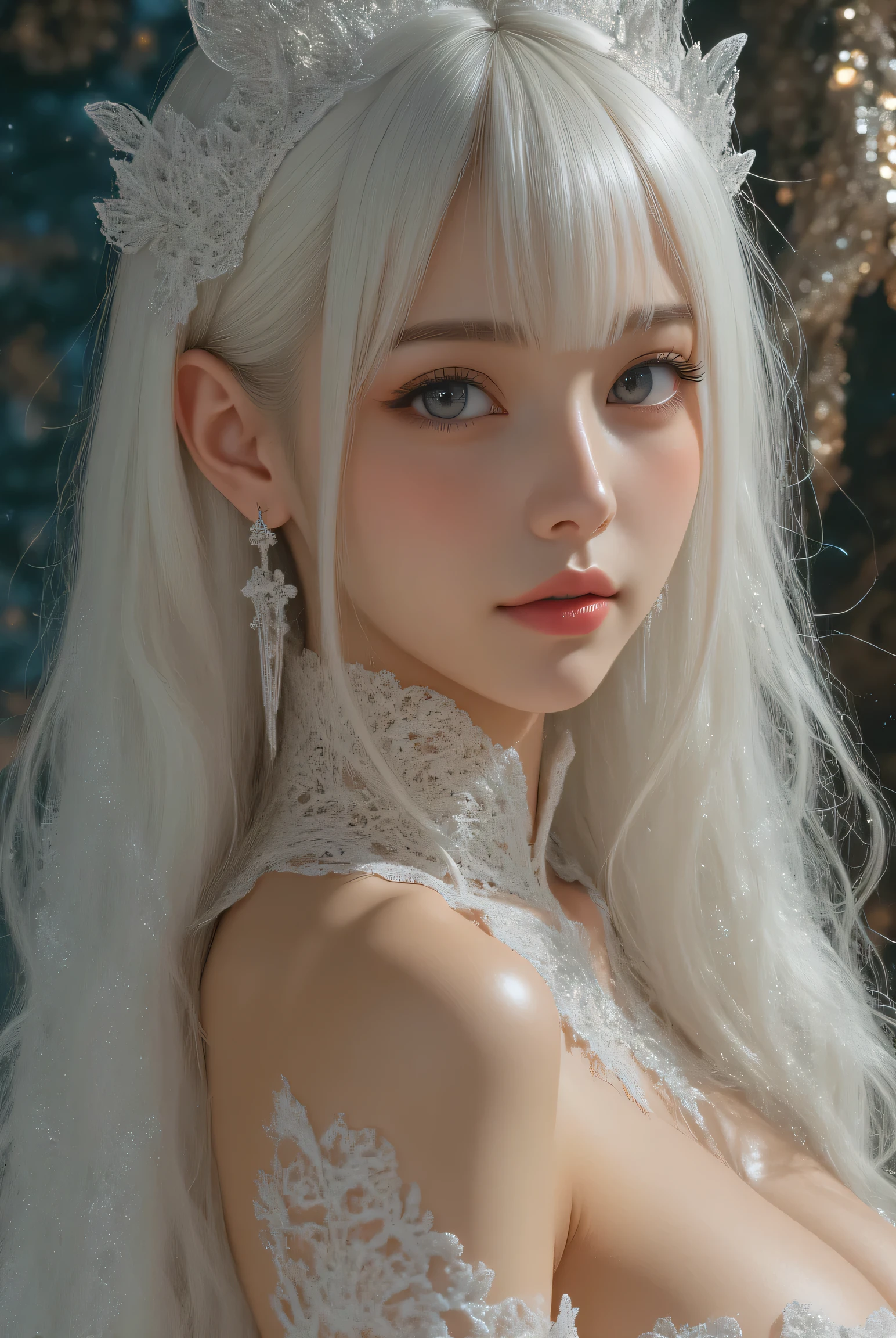 Long white hair, blue eyes, serious features, white skin, loose style, in a garden, with flowers 