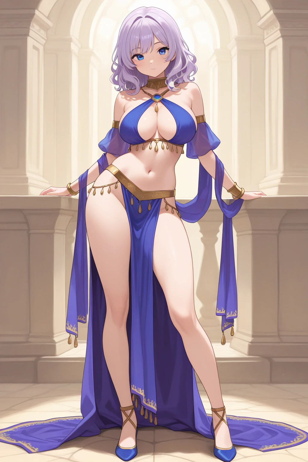 Photorealistic, raw photo, hyper detailed, detailed background, studio lights, chromatic freak, best shadows, solo, 1 woman, an arabian princess, brown skin, brown eyes, wearing  Royal BLUE clothing, Medieval Arabia, shoulders showing, navel showing, lace, makeup, small tight , flowers, plants, shiny skin, realistic skin texture, HDR, 8K, sharp focus, cinematic, on a couch,  intimidating, low angle shot, showing her perfect feet, (((feet ))), ((holding a leather whip))