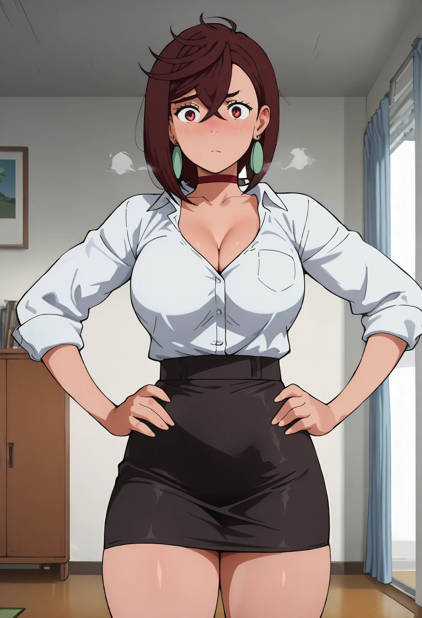 score_9, score_8_up, score_7_up, score_6_up, source_anime, highres, masterpiece, best quality, intricate details, detailed face, looking at viewer, 1girl, ayase momo, 1girl, solo, brown hair, red eyes, red choker, earrings, large breasts CLEAVAGE, nose blush, detailed background, steam, bedroom, white shirt, pencil skirt, long white shirt, looking at viewer, thick thigh, thick thighs, wide hip, standing, looking at viewer, LOOKING AT VIEWER, hands on hip