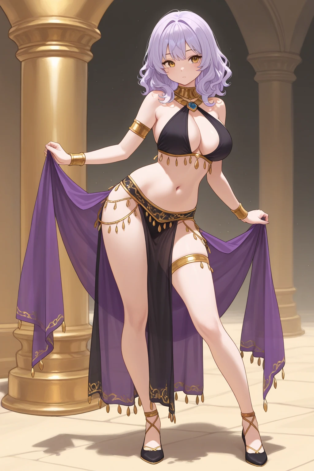 (masterpiece, best quality, high resolution, ((full body, standing,))((huge breasts)) 1 woman, (pink hair tied in a very disheveled ponytail, 1 fantasy Arabic dancer, golden jewelry, hoop earrings and necklace, gold bracelets, ((dark skin)) smile, full body
