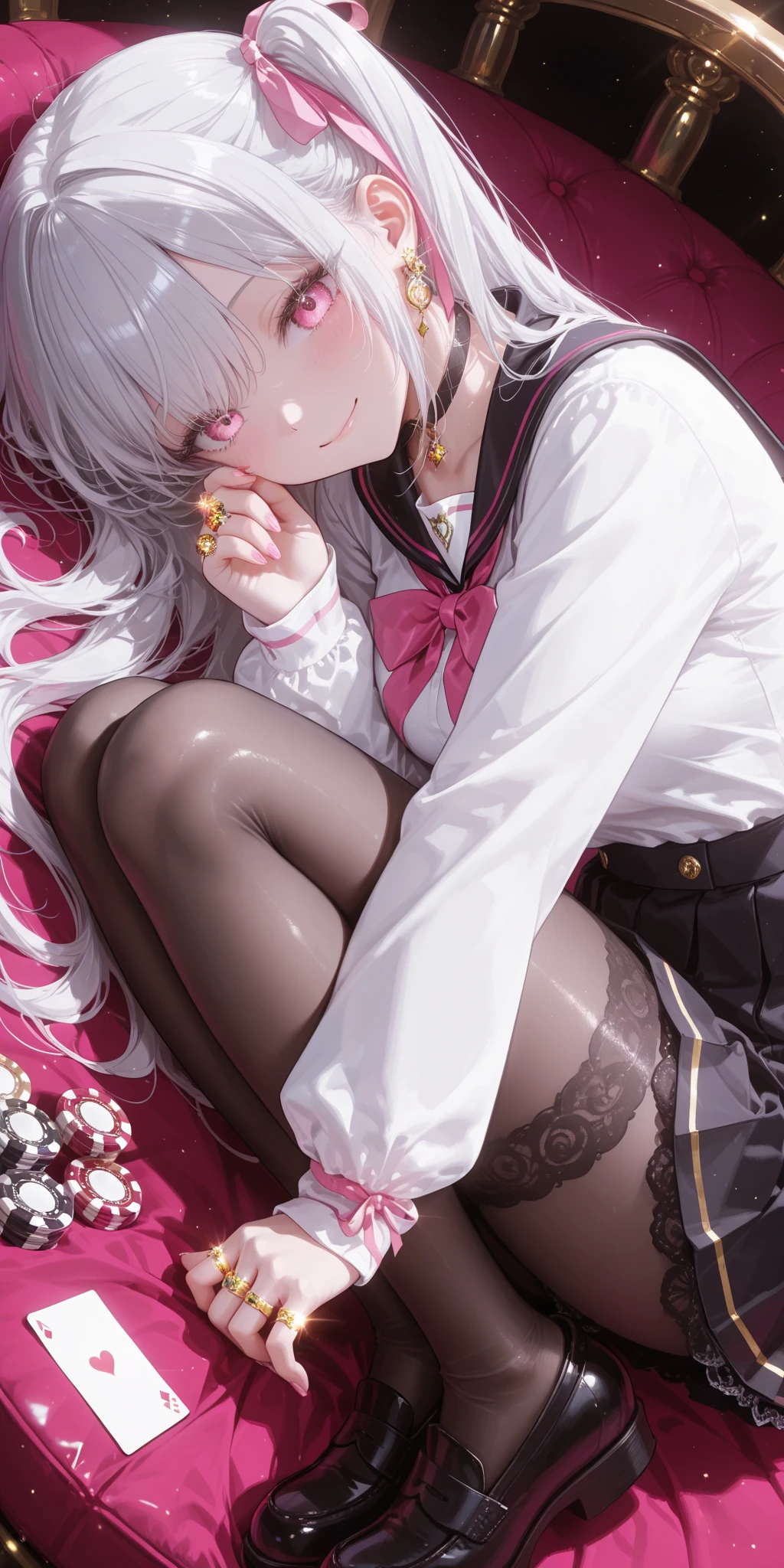 She has short white hair，Glass Hitomi，adolable，close-up all over the body，Keep your mouth shut，hyper HD，high qulity，Wear a white vest，Dull hair on the head，Wear a short skirt，A hexagonal gold brooch is worn on his ，The  is small，teens girl，Holds a magic wand in his right hand， legged，Wear socks，Very beautiful，15 years old，Brush a twisted braid，with fair skin，teens girl，A shy look，sit on a bed，Top angle of view，4k