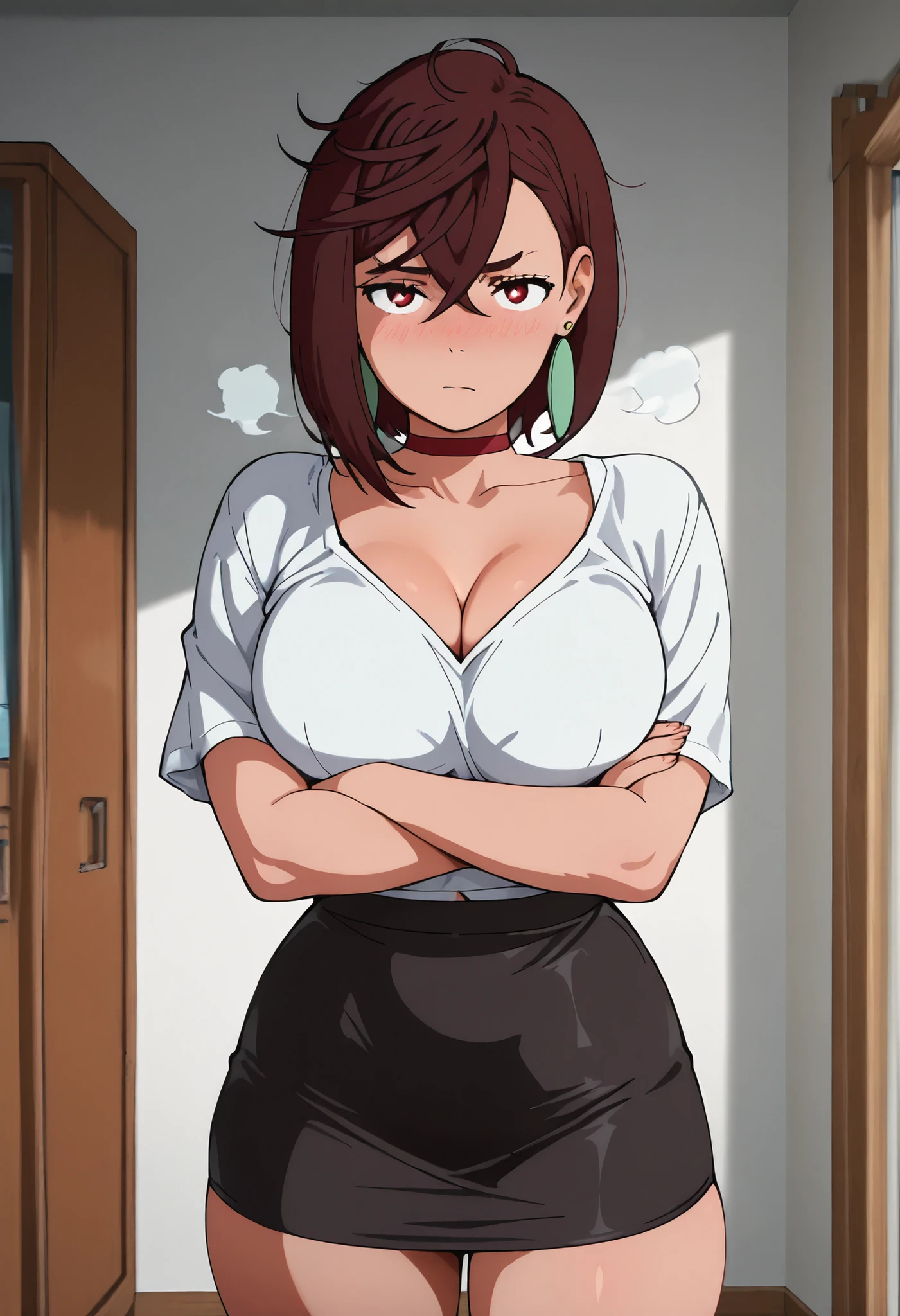 score_9, score_8_up, score_7_up, score_6_up, source_anime, highres, masterpiece, best quality, intricate details, detailed face, looking at viewer, 1girl, ayase momo, 1girl, solo, brown hair, red eyes, red choker, earrings, large breasts CLEAVAGE, nose blush, detailed background, steam, bedroom, white shirt, pencil skirt, long white shirt, looking at viewer, thick thigh, thick thighs, wide hip, standing, looking at viewer, LOOKING AT VIEWER, crossed arms, midriff, nvel