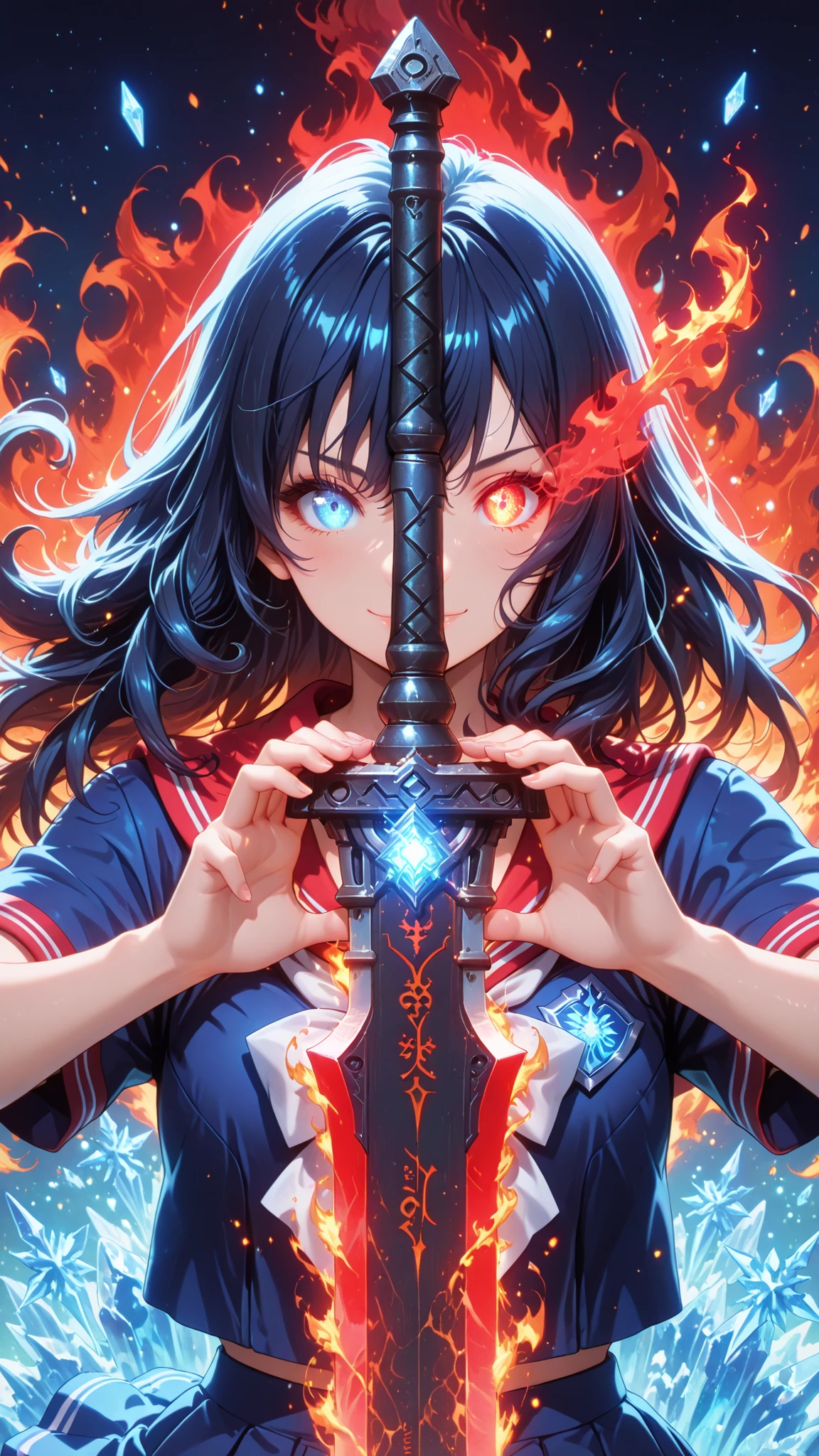 (masterpiece,Best Quality:1.4),,Beautiful Shadows, ,IOfficial Art) ,wallpaper, (Taken from the back of the, perfect anatomy), Graceful hands, Small feet,shape:0.8,(Fire and ice half and half spirit girl, left half of body with a fire pattern, right half of body with an ice pattern, (glowing red left eye and glowing blue right eye:1.2), (holding a flamingand ice effect buster sword,glowing eye trail,solo,
floating (blue and red half and half color sailor uniform), swirling ice and fire light magic effect, simple blue fantasy world background, particles),(upper body shot:1.2), (face close-up:1.2),long hair,cute,smile,,mini skirt,Cleavage,(dynamic pose:1.3),fire and ice effect,dynamic angle,mesh hair,