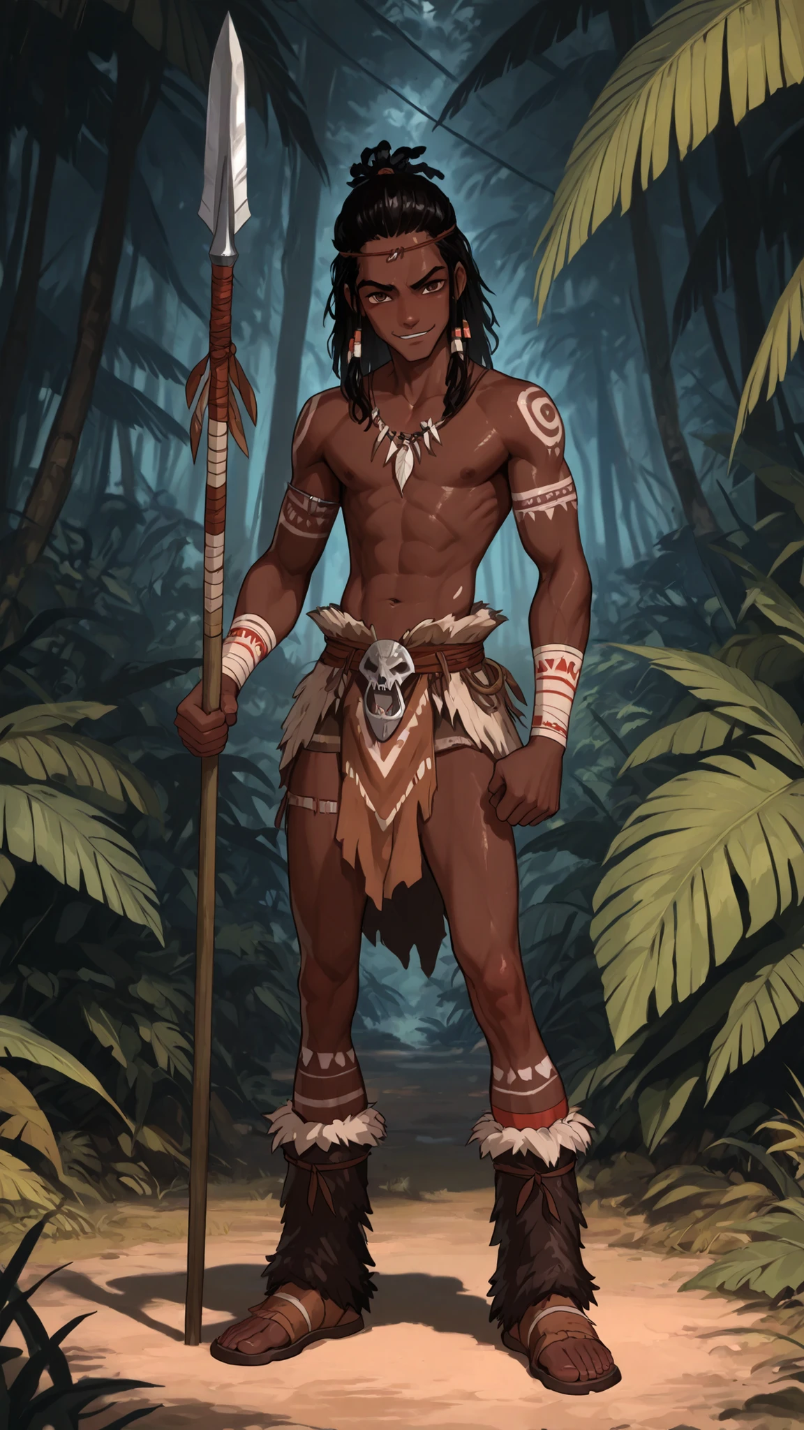 Masterpiece,detailed,great quality,aesthetic style,8k hd resolution. (Solo), 1boy, teen, young, tall, dominant, manly, strong, skinny muscular body, tribal tattoes, very dark skin, african, black hair, short dredlocks, male face, brown eyes, standing, tribal fur boots, tribal accessories, tribal hunter cloth, holding tribal spear, strong boy, in tribal area, outdoor, jungle, tribal camp, full body view, confident look, smirking arrogantly