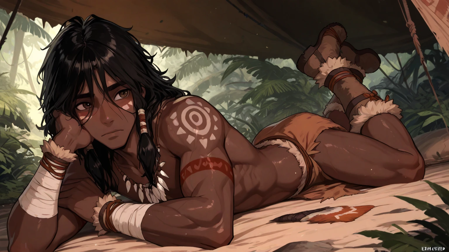 Muscles, golden jackal, male, femboy, pretty face, African, dark_skin, brown body, smooth, shiny body, many tattoos, white tattoos covering entire torso, tribal, zulu, jungle, messy hair, anthro, posted on e621, ?????