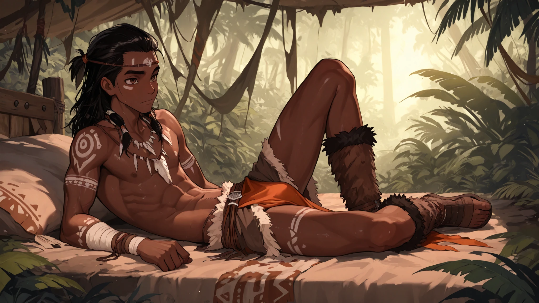 Masterpiece,detailed,great quality,aesthetic style,8k hd resolution. (Solo), 1boy, teen, young, tall, dominant, manly, strong, skinny muscular body, tribal tattoes, very dark skin, african, black hair, short dredlocks, male face, brown eyes, tribal fur boots, tribal accessories, tribal hunter cloth, strong boy, in tribal area, outdoor, jungle, tribal camp, full body view, confident look, laying in bed, after hunting, exhsausted, inside tribal tent