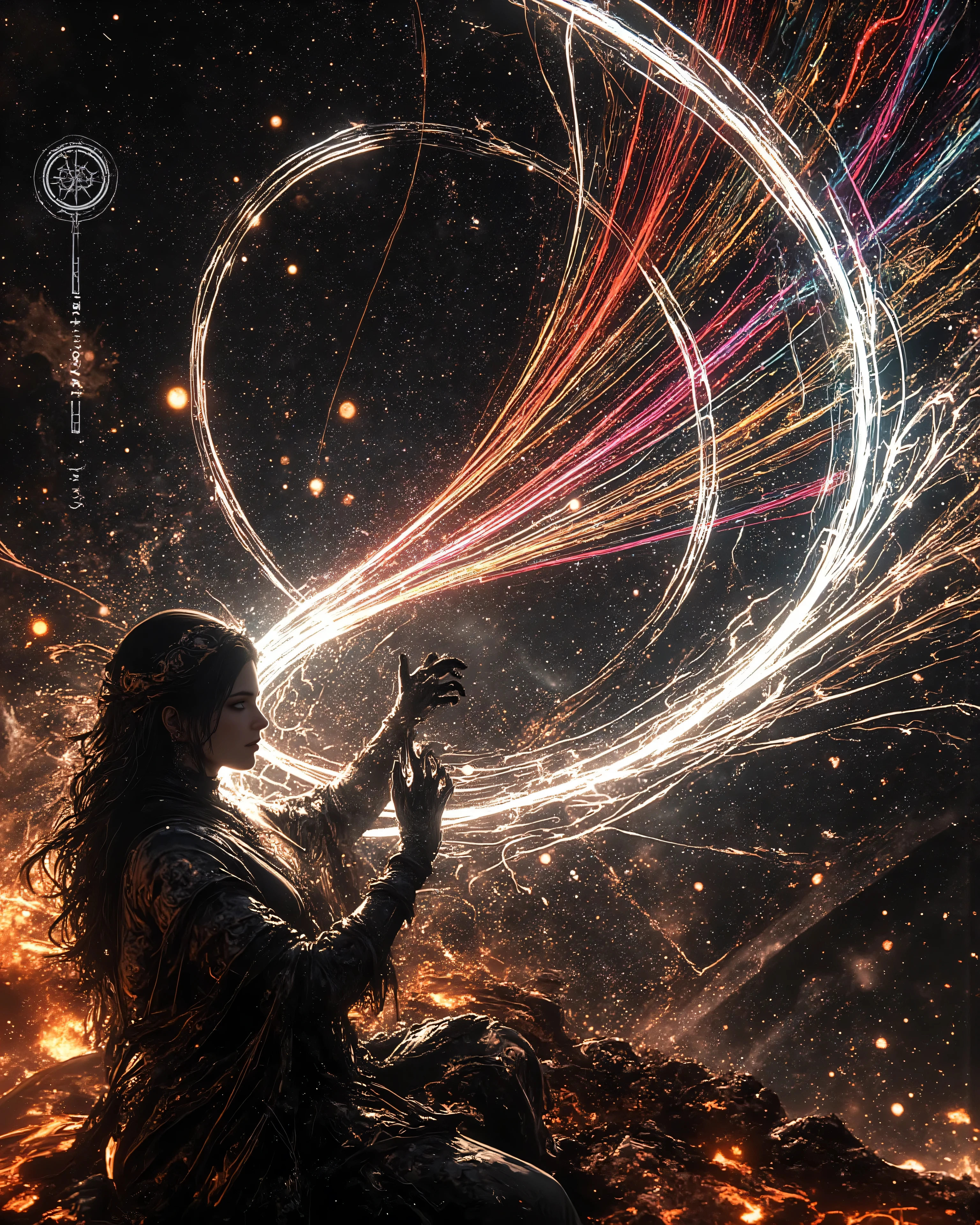 At the heart of an abstract cosmos, a goddess of destiny with dark hair and bright eyes manipulates an infinite loom, from which vibrant threads emerge that represent the destinies of men. The scene merges Greek mythological elements with modern surrealism: threads that become galaxies, ethereal gears and dim lights that give the feeling of suspended time.