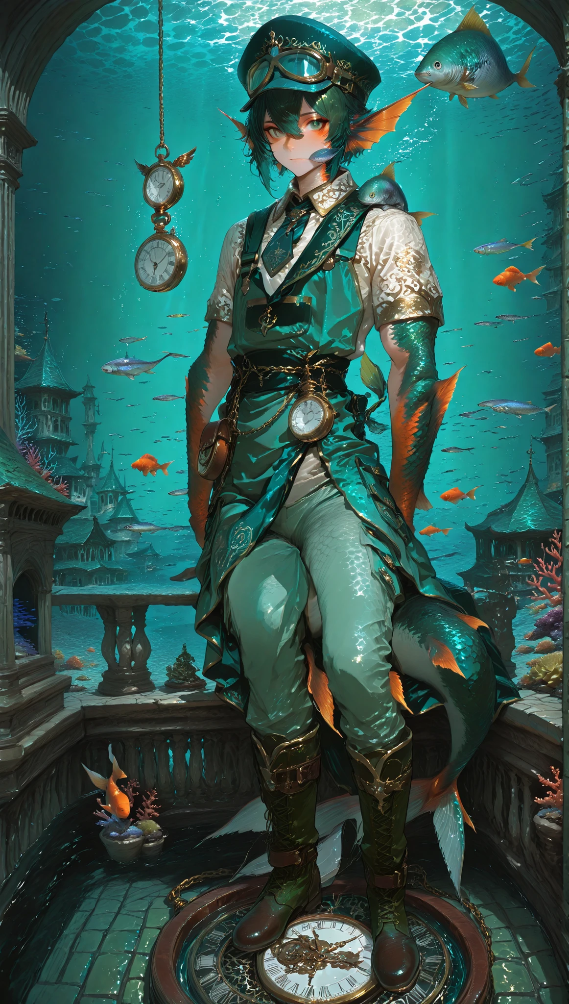 dynamic lighting, dramatic shadows,A slender but muscular man with green scales on his arms and face, creating a fantastic backdrop, standing confidently. he wears an elaborate teal and marine green outfit adorned with gold trim and intricate patterns, It is tied to a large collar and waist with a sash that looks like a fish's caudal fin. and several pocket watches hang from his clothing chain, and he wears a teal hat with goggles and winged accents. is small, A similarly dressed person is sitting on his right shoulder. Behind him , corals, Swimming Fish, and what looks like an ancient building、and a merman ending with orange fins. His lower body is an underwater environment with large, Fish tail with scales, Similar to, however、legs are dark green He's standing with boots on a tiled surface. The overall mood is adventurous and mysterious.