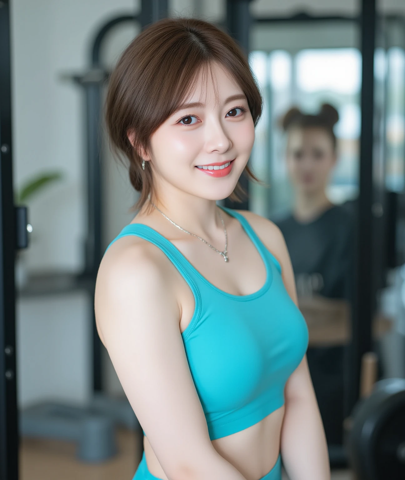 ((Best Quality, 8k, Masterpiece, Portrait: 1.3)), photorealistic , Sharp Focus, High Quality, Perfect human , perfect face , pretty girl, excellent photo , 35 mm film , 1 Japanese woman, beautiful, Perfect face, 55 years old, Bang hair, auntie, married woman, , woman with clicked hair, smooth legs, big , Wrinkles around the eyes , (( Realistic Skin Rules)), ( Wrinkles on the Skin ), ( Dull skin ), (facial wrinkles), ( Wrinkles around the eyes ), double eyelids, paparazzi shot , ip cam, Full-body shot, Tight Leggings, Cotton sports , Fitness Club , gym, (Fitness equipment ), Fitness Equipment , Woman sitting on a dumbbell seat and doing dumbbells