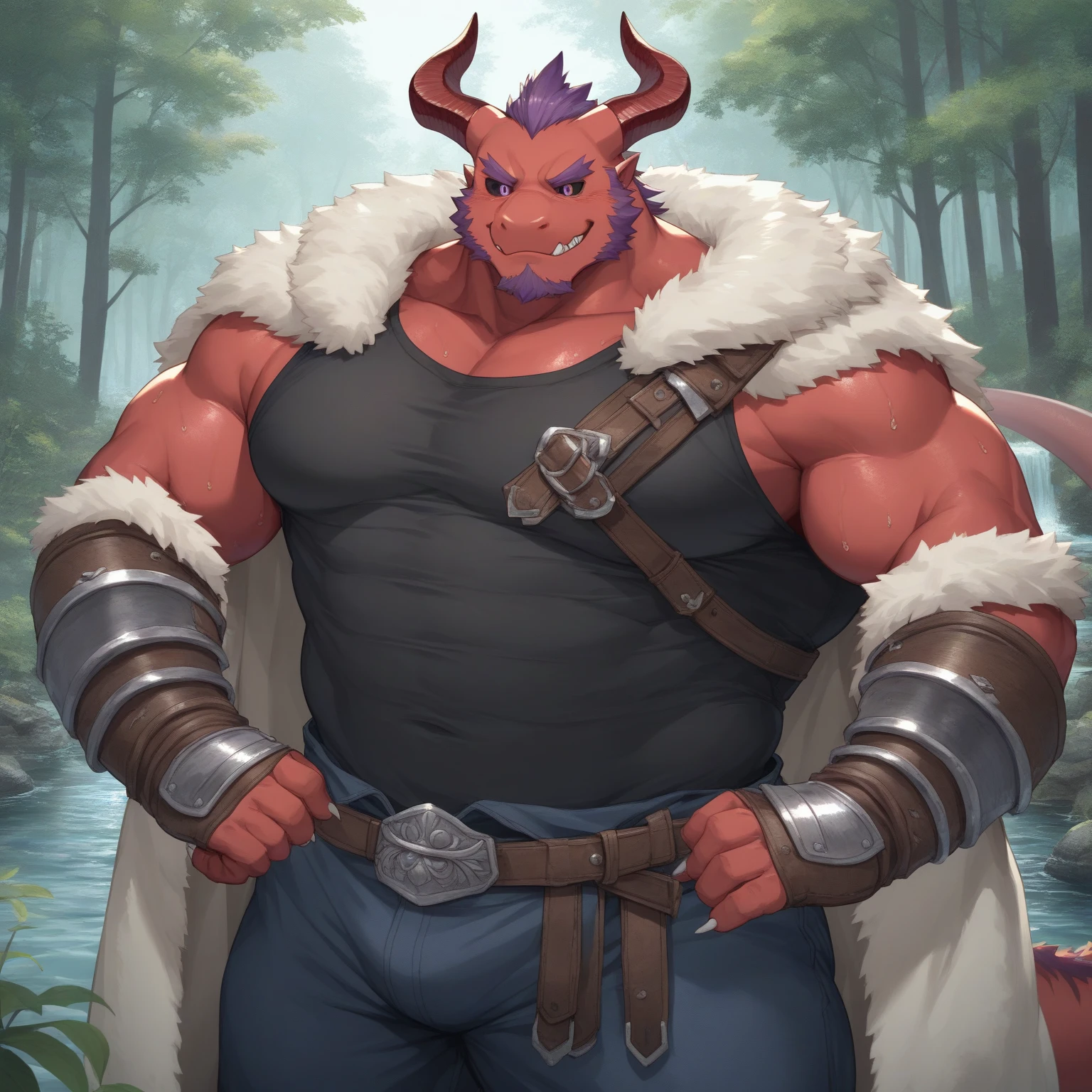 solo, breath (ultra detailed), a beautiful and detailed full size portrait of a male anthro batzz, demon lord dragon batzz, dragon tail, green eyes, glowing eyes, black body, black skin, long hair, red hair, horns, scar, tail, bedroom eyes, detailed eyes, big body, sexy body, (wide body). goddess, kenket, Ross Tran,ruan jia, trending on artstation,foxovh, cenematic lighting, buff, big pecs, muscular anthro, spike arms, strong legs, ((big pecs, , big pecs, blue shorts, bulge))), day, wet, rear view, standing,  against wall, big butt, blush, angry, , sexy, vip, ruins, sweating, raining, woods,
