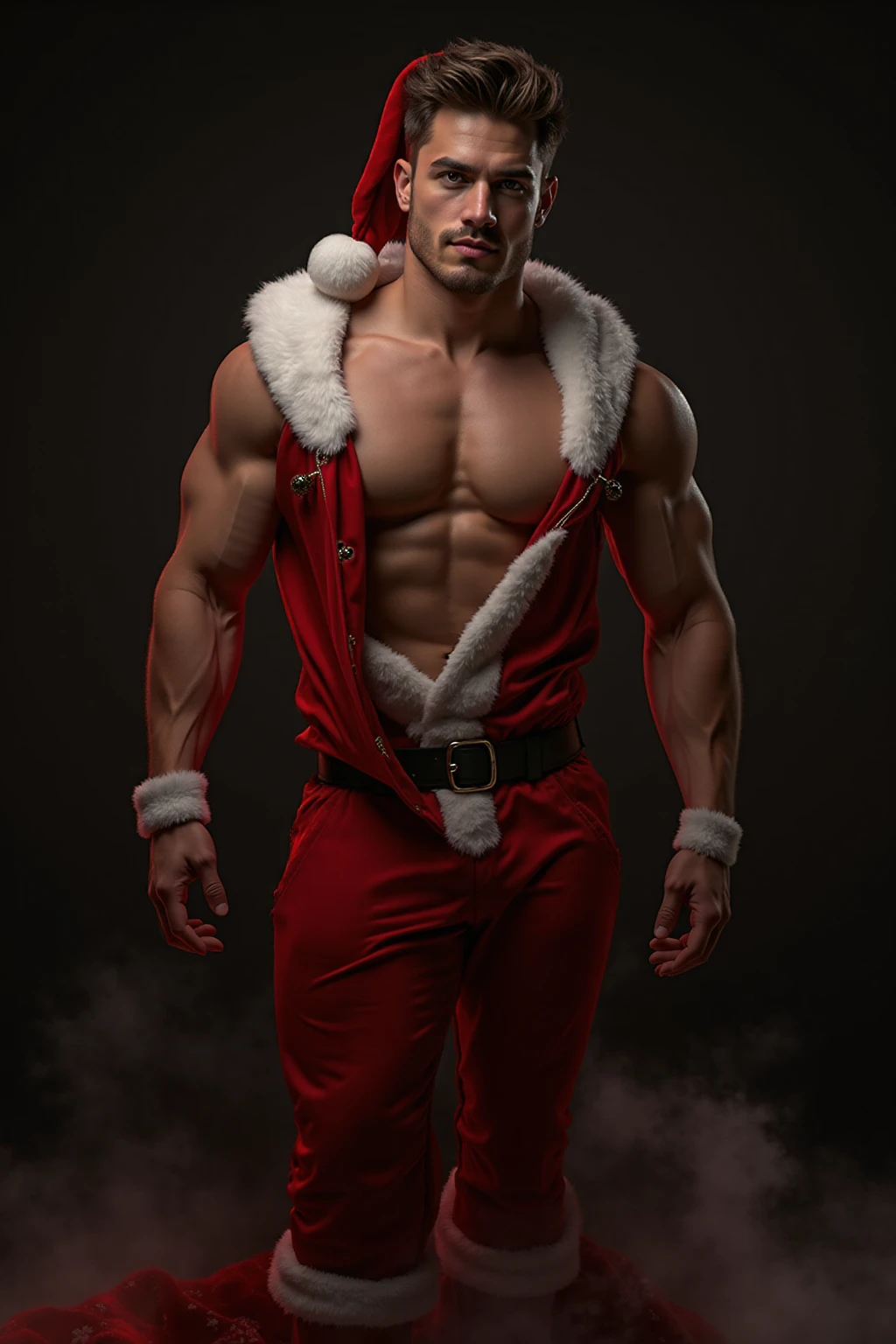 male santa, pectorals,  hair, solo, 1boy, male focus, bara, muscular male, beard, chest hair, red pants, mature male, large pectorals, short hair, abs, santa costume, white hair, navel hair, , pants, mustache, christmas,  pectorals, navel, fur trim, gloves, looking at viewer, , stomach, old man, fur-trimmed jacket, daddy, dadbody, beefy, little chubby, big ,  bulge