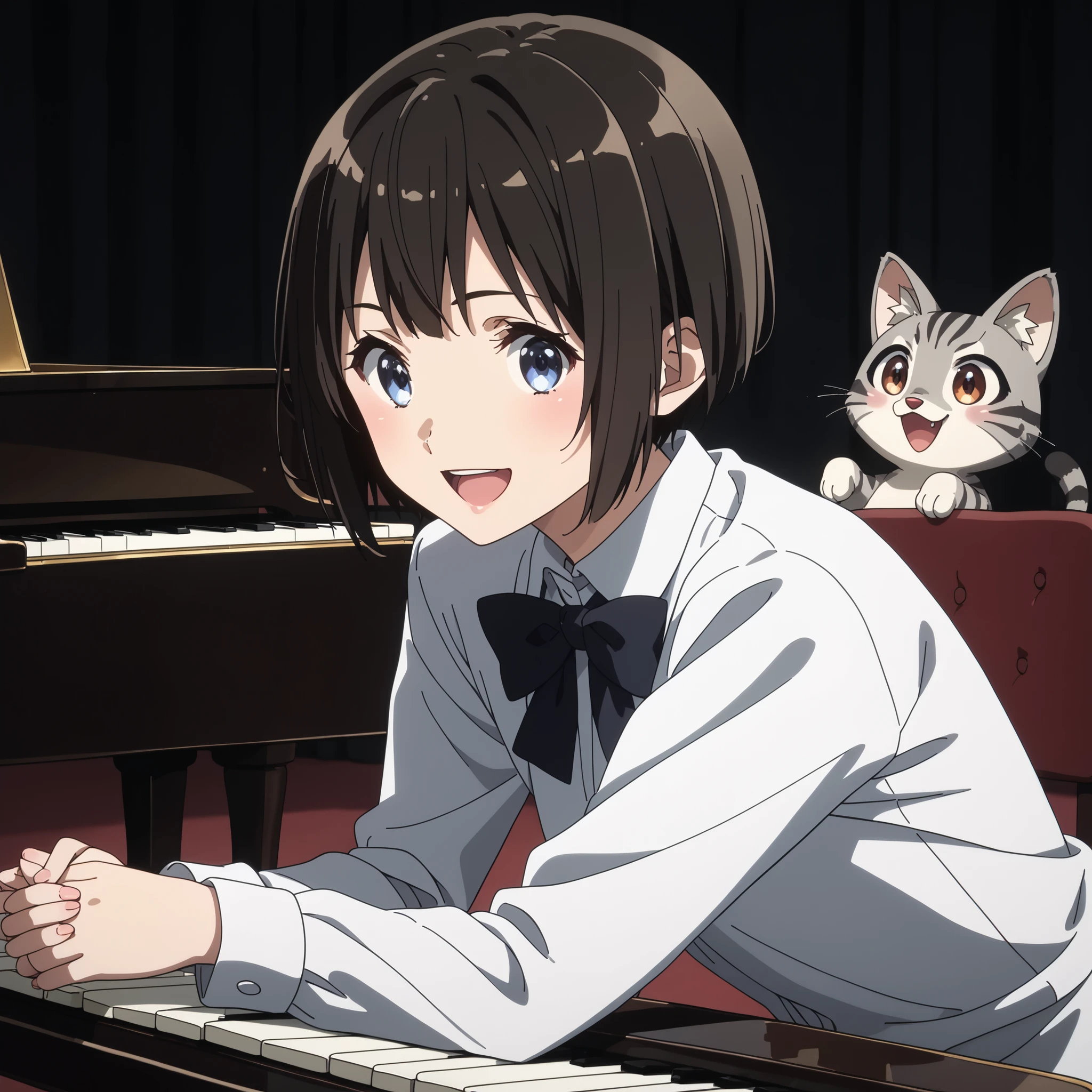 gray pheasant tiger cat、short cut girl with Usopp nearby、 playing the piano、younger, Black-haired character , presumably children or teenagers , , Smile of joy, dynamically drawn , dark gray similar to cats and dogs, background full of stars. They have white long-sleeved shirts with ash-tiger accents and playful dark-colored pants. characters、 is small, falling or flying towards the white animals , Holding hands at、has unique gray and black spots. the animals also appear to be falling or floating , wide, surprised eyes and slightly open mouths . big, is small星で飾られたものもある, occupy the top and right parts of the image , the overall mood is whimsical and adventurous , conveyed by the characters' facial expressions and poses .gray pheasant tiger cat、short cut girl with Usopp nearby、she's in front of a grand piano、she's a piano recital、she's a piano instructor、smiling with an adorable gray cat、she enjoys the piano、With both black pianos、Gray furry cat、Exact index amount、Precise keys、A cat with a glossy coat、